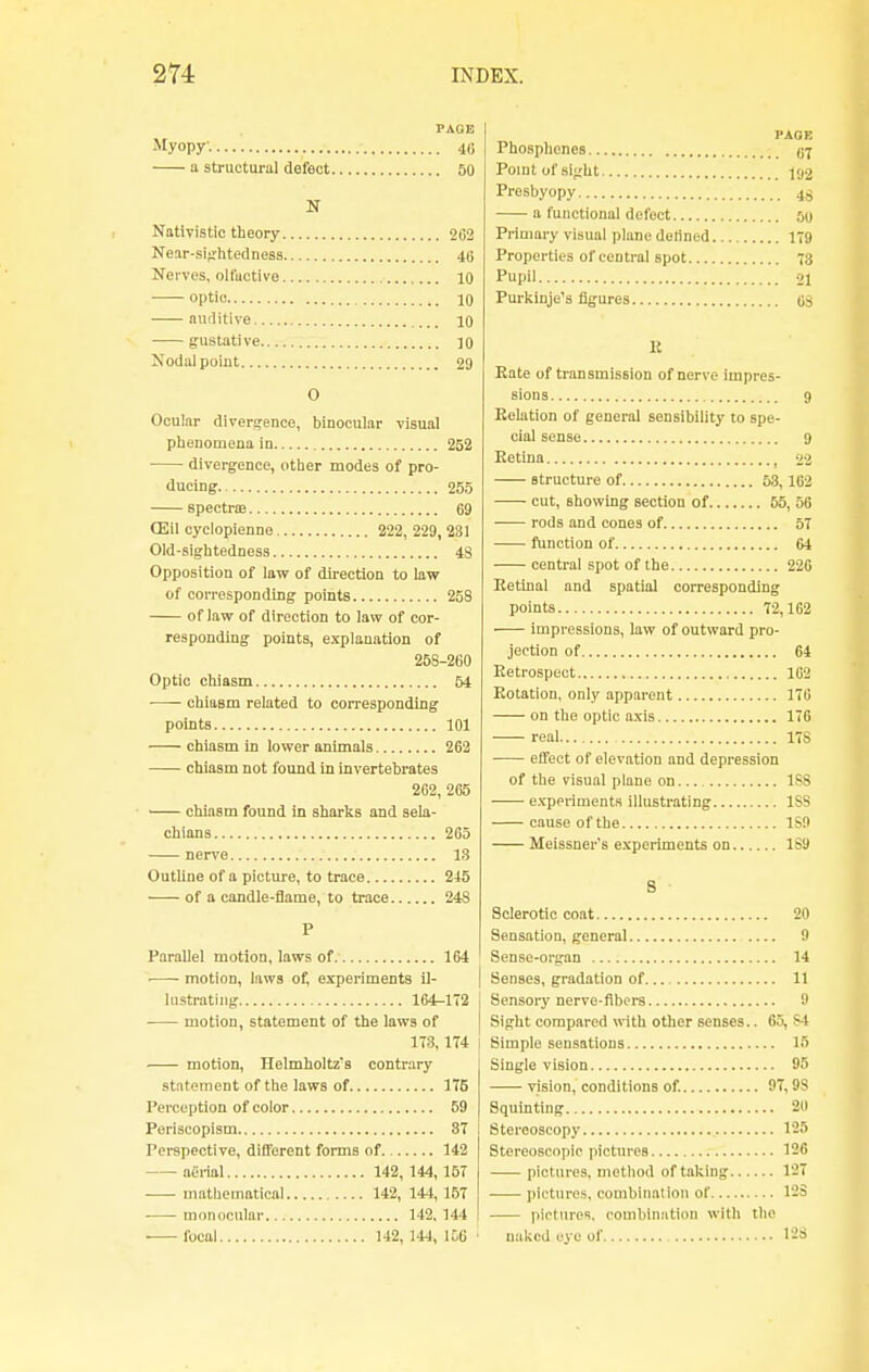 PAGE Myopy. 40 a structural defect 50 N Nativistic theory 202 Near-sightedness 40 Nerves, olfuctive 10 optic 10 auditive 10 gustative 10 Nodal point 29 O Ocular divergence, binocular visual phenomena in 252 divergence, other modes of pro- ducing 255 Bpectra 69 CEil cyclopienne 222, 229, 231 Old-sightedness 48 Opposition of law of direction to law of corresponding points 258 of law of direction to law of cor- responding points, explanation of 258-260 Optic chiasm 54 chiasm related to corresponding points 101 chiasm in lower animals 262 chiasm not found in invertebrates 262, 265 chiasm found in sharks and sela- chians 265 nerve 13 Outline of a picture, to trace 245 of a candle-flame, to trace 24S P Parallel motion, laws of. 164 motion, laws of, experiments il- lustrating 164-172 ■ motion, statement of the laws of ITS, 1T4 motion, Helmholtz's contrary statement of the laws of 1T5 Perception of color 59 Periscopism 87 Perspective, different forms of 142 aerial 142, 144,157 mathematical 142, 144, 157 monocular 142. 144 ■ focal 142, 144, 1D6 PACK Phosphenes 67 Point of si^'ht J92 Presbyopy 45 a functional defect 50 Primary visual plane detined 179 Properties of central spot 73 Pupil 21 Purkinje's figures OS K Kate of transmission of nerve impres- sions 9 Relation of general sensibility to spe- cial sense 9 Eetina , 22 structure of 53,162 cut, showing section of 55, 56 rods and cones of 57 function of 64 central spot of the 226 Retinal and spatial corresponding points 72,162 impressions, law of outward pro- jection of 64 Eetrospect 162 Rotation, only apparent 176 on the optic axis 176 real 178 effect of elevation and depression of the visual plane on 1SS experiments illustrating 1SS cause of the 1S9 Meissner's experiments on 189 8 Sclerotic coat 20 Sensation, general 9 Sense-organ 14 Senses, gradation of 11 Sensory nerve-fibers 9 Sight compared with other senses.. 65, S4 Simple sensations 15 Single vision 95 vision, conditions of. 97,9S Squinting 20 Stereoscopy 125 Stereoscopic pictures 126 pictures, method of taking 127 pictures, combination of 128 pictures, combination with the naked eye of 128