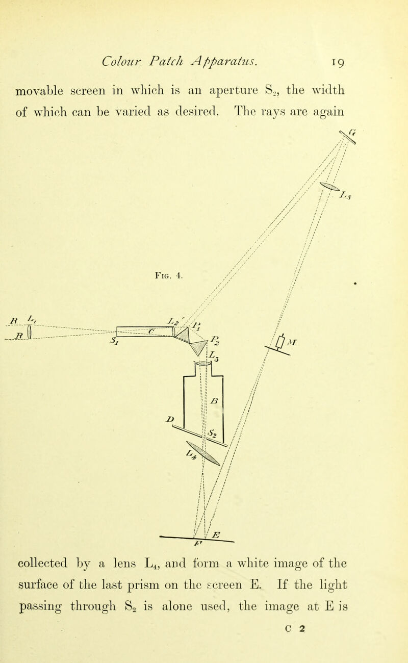 movable screen in which is an aperture S,, the width of which can be varied as desired. The rays are again collected by a lens L4, and form a white image of the surface of the last prism on the s;creen E. If the light passing through S2 is alone used, the image at E is c 2