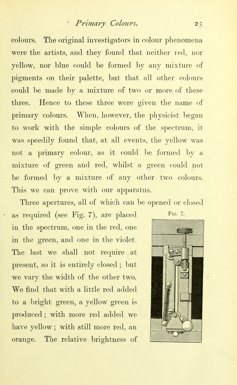 colours. The original investigators in colour phenomena were the artists, and they found that neither red, nor yellow, nor blue could be formed by any mixture of pigments on their palette, but that all other colours could be made by a mixture of two or more of these three. Hence to these three were given the name of primary colours. When, however, the physicist began to work with the simple colours of the spectrum, it was speedily found that, at all events, the yellow was not a primary colour, as it could be formed by a mixture of green and red, whilst a green could not be formed by a mixture of any other two colours. This w^e can prove with our apparatus. Three apertures, all of which can be opened or closed • as required (see Fig. 7), are placed in the spectrum, one in the red, one in the green, and one in the violet. The last we shall not require at present, so it is entirely closed; but we vary the width of the other two. We find that with a little red added to a bright green, a yellow green is produced; with more red added we have yellow; with still more red, an Fig. orange. The relative brightness of