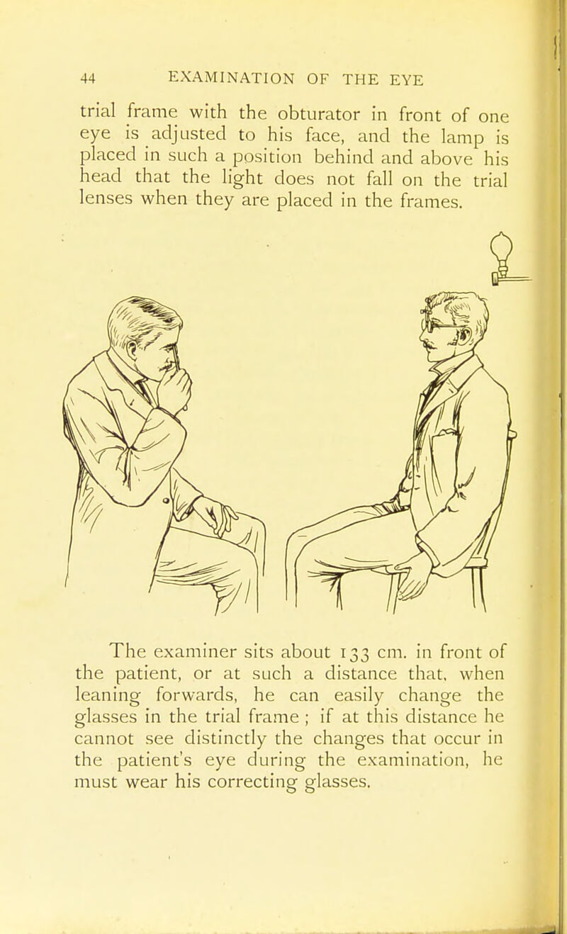 trial frame with the obturator in front of one eye is adjusted to his face, and the lamp is placed in such a position behind and above his head that the light does not fall on the trial lenses when they are placed in the frames. The examiner sits about 133 cm. in front of the patient, or at such a distance that, when leaning forwards, he can easily change the glasses in the trial frame ; if at this distance he cannot see distinctly the changes that occur in the patient's eye during the examination, he must wear his correcting glasses.