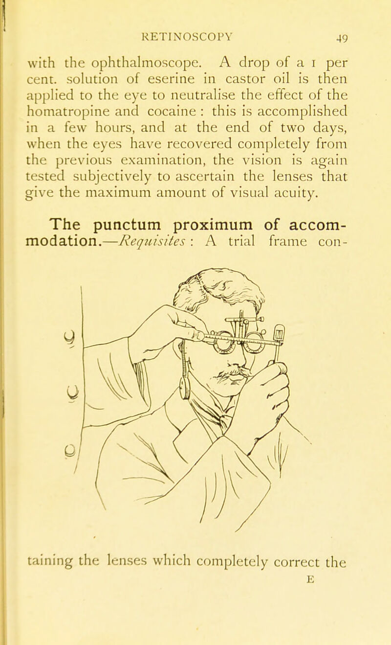 with the ophthalmoscope. A drop of a i per cent, sokition of eserine in castor oil is then applied to the eye to neutralise the effect of the homatropine and cocaine : this is accomplished in a few hours, and at the end of two days, when the eyes have recovered completely from the previous examination, the vision is again tested subjectively to ascertain the lenses that give the maximum amount of visual acuity. The punctum proximum of accom- modation.—Requisites : A trial frame con- taining the lenses which completely correct the E