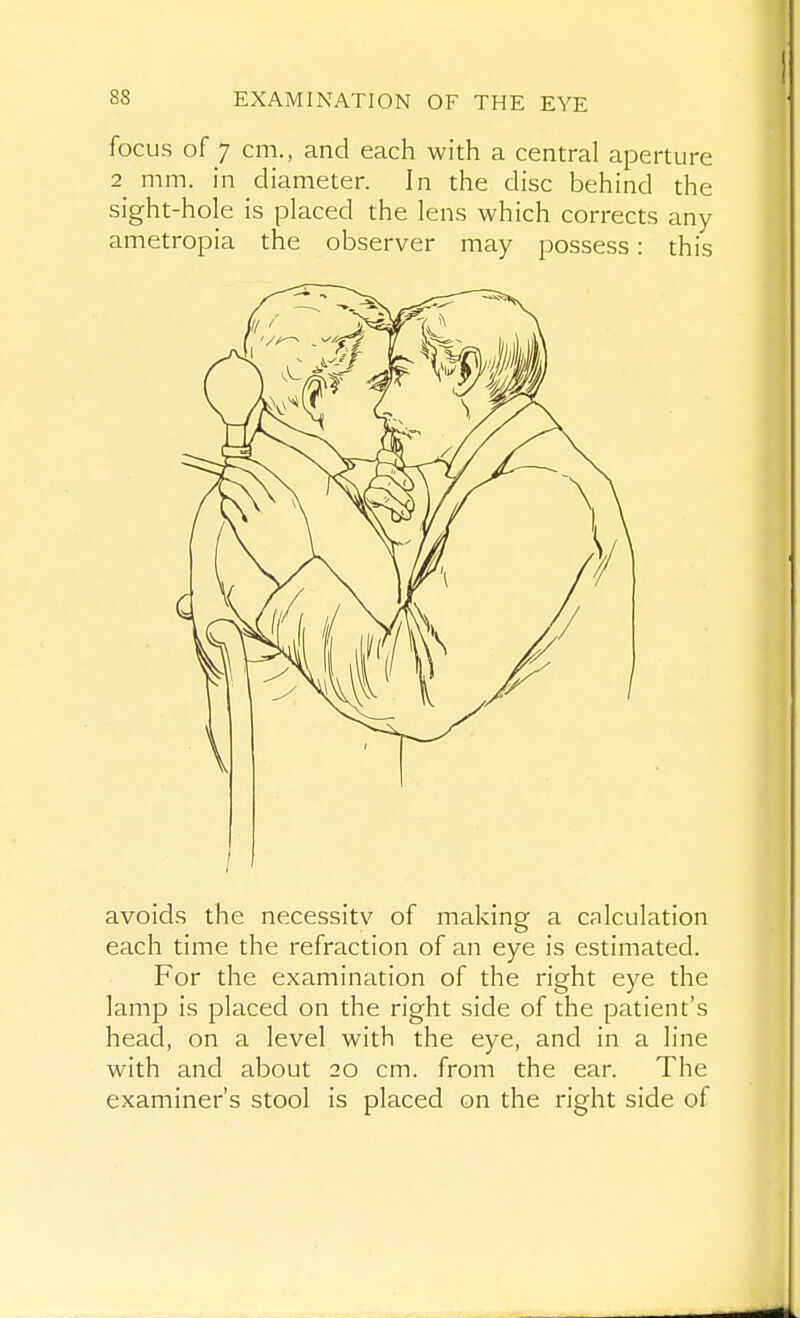 focus of 7 cm., and each with a central aperture 2^ mm. in diameter. In the disc behind the sight-hole is placed the lens which corrects any ametropia the observer may possess: this avoids the necessitv of making a calculation each time the refraction of an eye is estimated. For the examination of the right eye the lamp is placed on the right side of the patient's head, on a level with the eye, and in a line with and about 20 cm. from the ear. The examiner's stool is placed on the right side of
