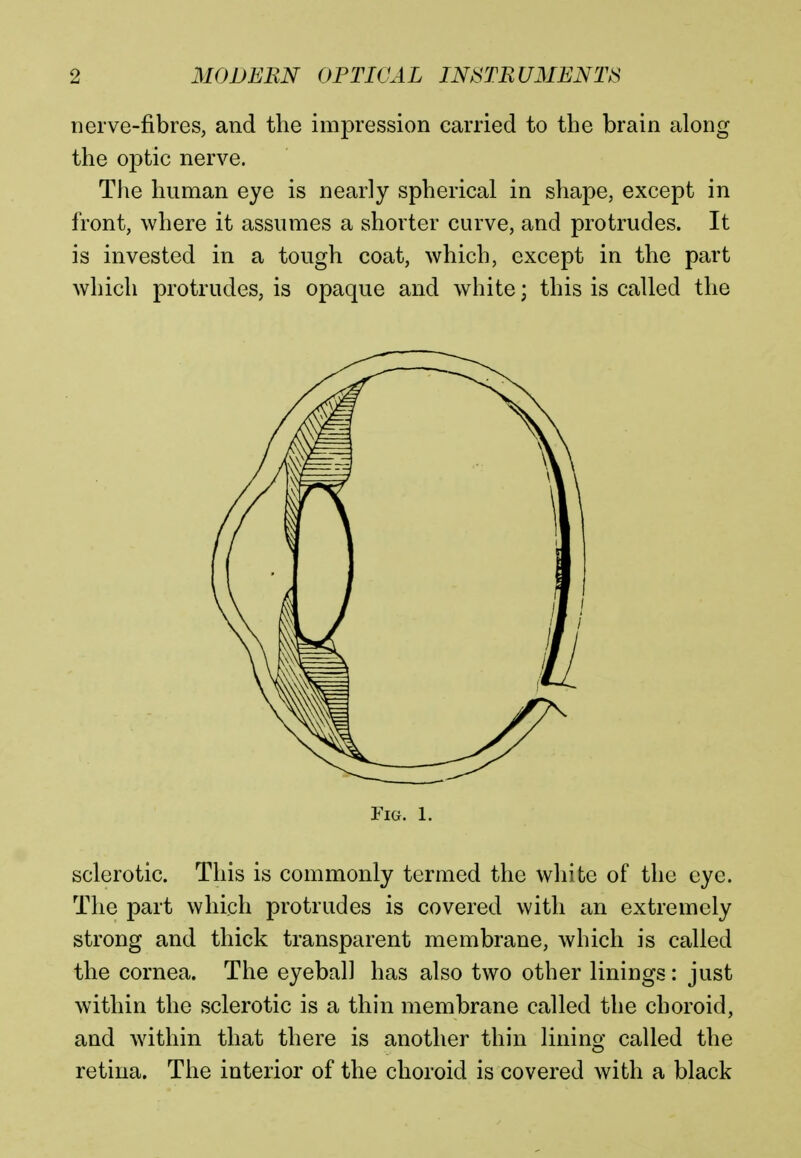 nerve-fibres, and the impression carried to the brain along the optic nerve. The human eye is nearly spherical in shape, except in front, where it assumes a shorter curve, and protrudes. It is invested in a tough coat, which, except in the part which protrudes, is opaque and white; this is called the Fig. 1. sclerotic. This is commonly termed the white of the eye. The part which protrudes is covered with an extremely strong and thick transparent membrane, which is called the cornea. The eyeball has also two other linings: just within the sclerotic is a thin membrane called the choroid, and within that there is another thin lining called the retina. The interior of the choroid is covered with a black