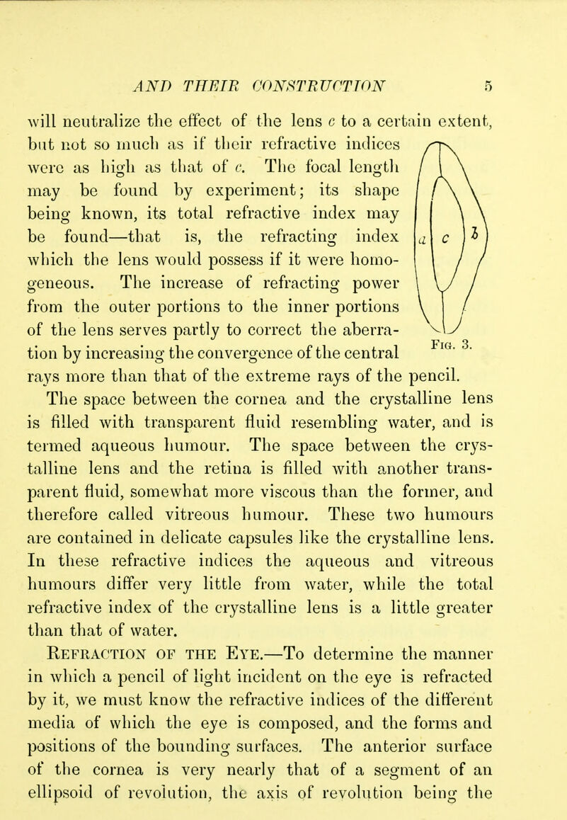 will neutralize the effect of the lens c to a certain extent, but not so much as if their refractive indices were as high as that of c. The focal length may be found by experiment; its shape being known, its total refractive index may be found—that is, the refracting index which the lens would possess if it were homo- geneous. The increase of refracting power from the outer portions to the inner portions of the lens serves partly to correct the aberra- tion by increasing the convergence of the central rays more than that of the extreme rays of the pencil. The space between the cornea and the crystalline lens is filled with transparent fluid resembling water, and is termed aqueous humour. The space between the crys- talline lens and the retina is filled with another trans- parent fluid, somewhat more viscous than the former, and therefore called vitreous humour. These two humours are contained in delicate capsules like the crystalline lens. In these refractive indices the aqueous and vitreous humours differ very little from water, while the total refractive index of the crystalline lens is a little greater than that of water. Refraction of the Eye.—To determine the manner in which a pencil of light incident on the eye is refracted by it, we must know the refractive indices of the different media of which the eye is composed, and the forms and positions of the bounding surfaces. The anterior surface of the cornea is very nearly that of a segment of an ellipsoid of revolution, the axis of revolution being the