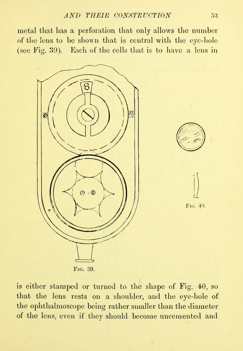 metal that has a perforation that only allows the number of the Jens to be shown that is central with the eye-hole (see Fig. 39). Each of the cells that is to have a lens in Fig. 39. is either stamped or turned to the shape of Fig. 40, so that the lens rests on a shoulder, and the eye-hole of the ophthalmoscope being rather smaller than the diameter of the lens, even if they should become uncemented and