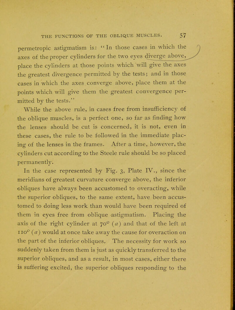 permetropic astigmatism is: In those cases in which the axes of the proper cylinders for the two eyes diverge above^ place the cylinders at those points which will give the axes the greatest divergence permitted by the tests; and in those cases in which the axes converge above, place them at the points which will give them the greatest convergence per- mitted by the tests. While the above rule, in cases free from insufficiency of the oblique muscles, is a perfect one, so far as rinding how the lenses should be cut is concerned, it is not, even in these cases, the rule to be followed in the immediate plac- ing of the lenses in the frames. After a time, however, the cylinders cut according to the Steele rule should be so placed permanently. In the case represented by Fig. 3, Plate IV., since the meridians of greatest curvature converge above, the inferior obliques have always been accustomed to overacting, while the superior obliques, to the same extent, have been accus- tomed to doing less work than would have been required of them in eyes free from oblique astigmatism. Placing the axis of the right cylinder at 700 (a) and that of the left at uo° (a) would at once take away the cause for overaction on the part of the inferior obliques. The necessity for work so suddenly taken from them is just as quickly transferred to the superior obliques, and as a result, in most cases, either there is suffering excited, the superior obliques responding to the