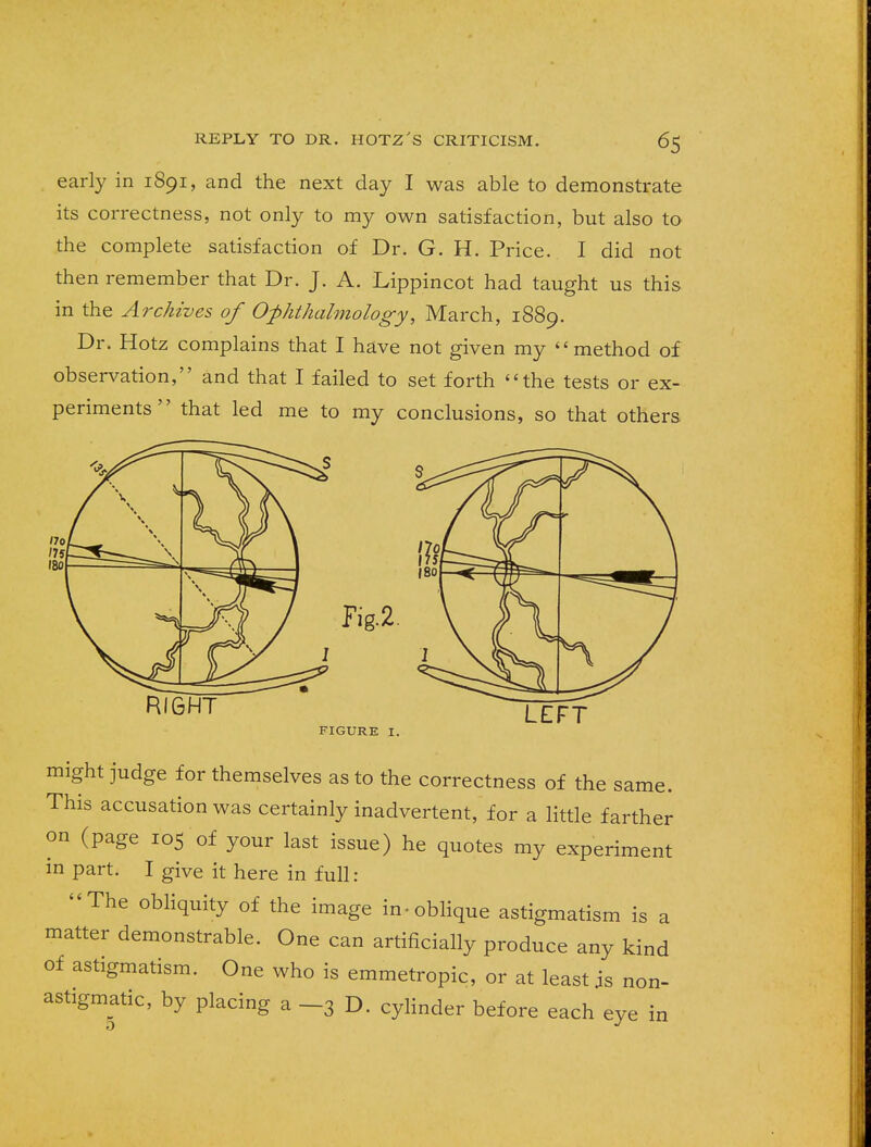 early in 1891, and the next day I was able to demonstrate its correctness, not only to my own satisfaction, but also to the complete satisfaction of Dr. G. H. Price. I did not then remember that Dr. J. A. Lippincot had taught us this in the Archives of Ophthalmology, March, 1889. Dr. Hotz complains that I have not given my method of observation, and that I failed to set forth the tests or ex- periments  that led me to my conclusions, so that others RIGHT FIGURE I. LEFT might judge for themselves as to the correctness of the same. This accusation was certainly inadvertent, for a little farther on (page 105 of your last issue) he quotes my experiment in part. I give it here in full: The obliquity of the image in-oblique astigmatism is a matter demonstrable. One can artificially produce any kind of astigmatism. One who is emmetropic, or at least is non- astigmatic, by placing a -3 D. cylinder before each eye in