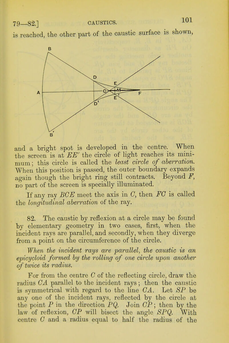 79 82.] caustics. LKJL is reached, the other part of the caustic surface is shown, B and a bright spot is developed in the centre. When the screen is at EE' the circle of light reaches its mini- mum ; this circle is called the least circle of aberration. When this position is passed, the outer boundary expands again though the bright ring still contracts. Beyond F, no part of the screen is specially illuminated. If any ray BGE meet the axis in C, then FC is called the longitudinal aberration of the ray. 82. The caustic by reflexion at a circle may be found by elementary geometry in two cases, first, when the incident rays are parallel, and secondly, when they diverge from a point on the circumference of the circle. When the incident rays are parallel, the caustic is an epicycloid formed by the rolling of one circle upon another of twice its radius. For from the centre C of the reflecting circle, draw the radius CA parallel to the incident rays; then the caustic is symmetrical with regard to the line CA. Let SP be any one of the incident rays, reflected by the circle at the point P in the direction PQ. Join CP; then by the law of reflexion, CP will bisect the angle SPQ. With centre C and a radius equal to half the radius of the