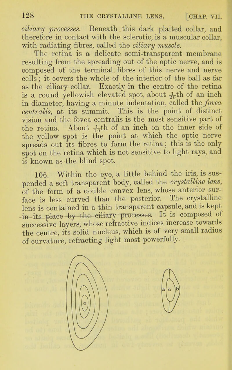 ciliary processes. Beneath this dark plaited collar, and therefore in contact with the sclerotic, is a muscular collar, with radiating fibres, called the ciliary muscle. The retina is a delicate semi-transparent membrane resulting from the spreading out of the optic nerve, and is composed of the terminal fibres of this nerve and nerve cells; it covers the whole of the interior of the ball as far as the ciliary collar. Exactly in the centre of the retina is a round yellowish elevated spot, about -^th of an inch in diameter, having a minute indentation, called the fovea centralis, at its summit. This is the point of distinct vision and the fovea centralis is the most sensitive part of the retina. About J^th of an inch on the inner side of the yellow spot is the point at which the optic nerve spreads out its fibres to form the retina; this is the only spot on the retina which is not sensitive to light rays, and is known as the blind spot. 106. Within the eye, a little behind the iris, is sus- pended a soft transparent body, called the crystalline lens, of the form of a double convex lens, whose anterior sur- face is less curved than the posterior. The crystalline lens is contained in a thin transparent capsule, and is kept 4n-4ts-pte«e -by—the binary -processes. It is composed of successive layers, whose refractive indices increase towards the centre, its solid nucleus, which is of very small radius of curvature, refracting light most powerfully.