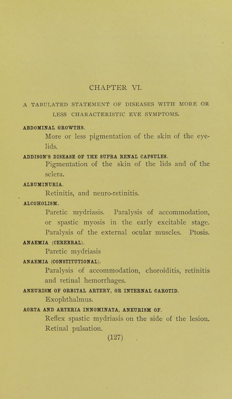 CHAPTER VI. A TABULATED STATEMENT OF DISEASES WITH MORE OR LESS CHARACTERISTIC EYE SYMPTOMS. ABDOMINAL GROWTHS. More or less pigmentation of the skin of the eye- lids. ADDISON'S DISEASE OF THE SUPRA RENAL CAPSULES. Pigmentation of the skin of the lids and of the sclera. ALBUMINURIA. Retinitis, and neuro-retinitis. ALCOHOLISM. Paretic mydriasis. Paralysis of accommodation, or spastic myosis in the early excitable stage. Paralysis of the external ocular muscles. Ptosis. ANAEMIA (CEREBRAL). Paretic mydriasis ANAEMIA (CONSTITUTIONAL). Paralysis of accommodation, choroiditis, retinitis and retinal hemorrhages. ANEURISM OF ORBITAL ARTERY, OR INTERNAL CAROTID. Exophthalmus. AORTA AND ARTERIA INNOMINATA, ANEURISM OF. Reflex spastic mydriasis on the side of the lesion. Retinal pulsation.