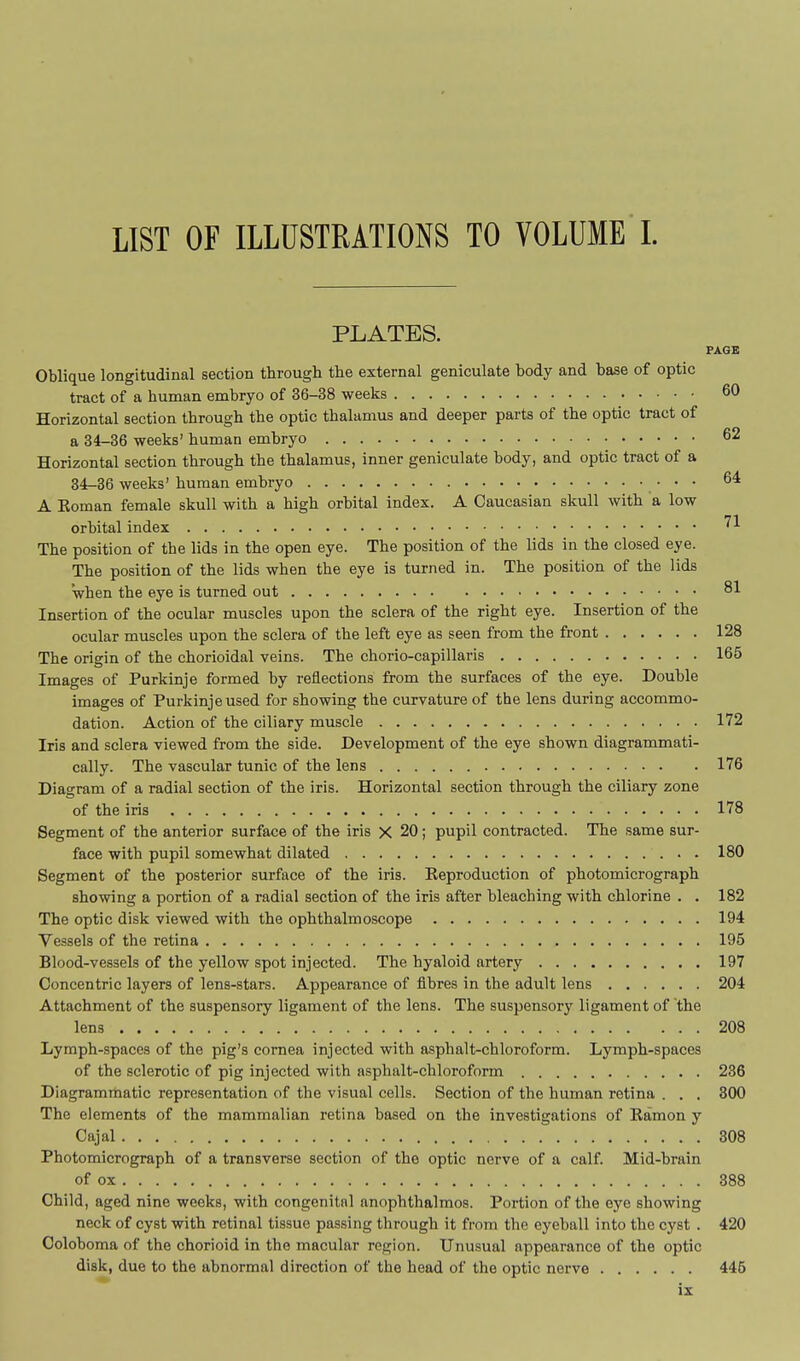 LIST OF ILLUSTRATIONS TO VOLUME L PLATES. PAGE Oblique longitudinal section througli the external geniculate body and base of optic tract of a human embryo of 36-38 weeks 60 Horizontal section through the optic thalamus and deeper parts of the optic tract of a 34-36 weeks' human embryo 62 Horizontal section through the thalamus, inner geniculate body, and optic tract of a 34_36 weeks' human embryo '   A Eoman female skull with a high orbital index. A Caucasian skull with a low orbital index ^^ The position of the lids in the open eye. The position of the lids in the closed eye. The position of the lids when the eye is turned in. The position of the lids when the eye is turned out ^1 Insertion of the ocular muscles upon the sclera of the right eye. Insertion of the ocular muscles upon the sclera of the left eye as seen from the front 128 The origin of the chorioidal veins. The chorio-capillaris 165 Images of Purkinje formed by reflections from the surfaces of the eye. Double images of Purkinje used for showing the curvature of the lens during accommo- dation. Action of the ciliary muscle 172 Iris and sclera viewed from the side. Development of the eye shown diagrammati- cally. The vascular tunic of the lens 176 Diagram of a radial section of the iris. Horizontal section through the ciliary zone of the iris 178 Segment of the anterior surface of the iris X 20; pupil contracted. The same sur- face with pupil somewhat dilated 180 Segment of the posterior surface of the iris. Keproduction of photomicrograph showing a portion of a radial section of the iris after bleaching with chlorine . . 182 The optic disk viewed with the ophthalmoscope 194 Vessels of the retina 195 Blood-vessels of the yellow spot injected. The hyaloid artery 197 Concentric layers of lens-stars. Appearance of fibres in the adult lens 204 Attachment of the suspensory ligament of the lens. The suspensory ligament of the lens 208 Lymph-spaces of the pig's cornea injected with asphalt-chloroform. Lymph-spaces of the sclerotic of pig injected with asphalt-chloroform 236 Diagrammatic representation of the visual cells. Section of the human retina . . . 300 The elements of the mammalian retina based on the investigations of Ramon y Cajal 308 Photomicrograph of a transverse section of the optic nerve of a calf. Mid-brain of ox 388 Child, aged nine weeks, with congenital anophthalmos. Portion of the eye showing neck of cyst with retinal tissue passing through it from the eyeball into the cyst . 420 Coloboma of the chorioid in the macular region. Unusual appearance of the optic disk, due to the abnormal direction of the head of the optic nerve 445