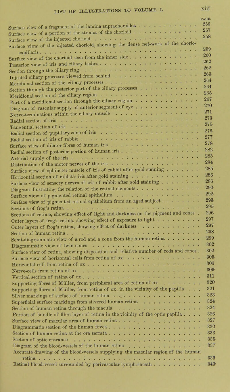 FAGB Surface view of a fragment of the lamina suprachoroidea Surface view of a portion of the stroma of the chorioid Surface view of the injected chorioid _ • Surface view of the injected chorioid, showing the dense net-work of the chorio- .... 259 capiUaris Surface view of the chorioid seen from the inner side Posterior view of iris and ciliary bodies 262 Section through the ciliary ring Injected ciliary processes viewed from behind ^° Meridional section of the ciliary processes 264 Section through the posterior part of the ciliary processes ^64 Meridional section of the ciliary region 265 Part of a meridional section through the ciliary region 267 Nerve-terminations within the ciliary muscle -^'^ Kadial section of iris Tangential section of iris Eadial section of pupillary zone of iris 276 Kadial section of iris of rabbit 277 Surface view of dilator fibres of human iris 27S Eadial section of posterior portion of human iris 282 Arterial supply of the ins Distribution of the motor nerves of the iris 284 Surface view of sphincter muscle of iris of rabbit after gold staining 285 Horizontal section of rabbit's iris after gold staining 286 Surface view of sensory nerves of iris of rabbit after gold staining 286 Diagram illustrating the relation of the retinal elements 290 Surface view of pigmented retinal epithelium 292 Surface view of pigmented retinal epithelium from an aged subject 29S Sections of frog's retina 295 Sections of retinae, showing efiect of light and darkness on the pigment and cones . 296 Outer layers of frog's retina, showing effect of exposure to light 297 Outer layers of frog's retina, showing effect of darkness 297 Section of human retina 298 Semi-diagrammatic view of a rod and a cone from the human retina 299 Diagrammatic view of twin cones 302 Surface view of retina, showing disposition and relative number of rods and cones . 302 Surface view of horizontal cells from retina of ox 305 Horizontal cell from retina of ox 306 Nerve-cells from retina of ox 309 Vertical section of retina of ox 311 Supporting fibres of Miiller, from peripheral area of retina of ox 320 Supporting fibres of MuUer, from retina of ox, in the vicinity of the papilla ... 321 Silver markings of surface of human retina 323 Superficial surface markings from silvered human retina 324 Section of human retina through the macula 324 Portion of bundle of fibre layer of retina in the vicinity of the optic papilla .... 326 Surface view of macular area of human retina 327 Diagrammatic section of the human fovea 330 Section of human retina at the ora serrata 333 Section of optic entrance 335 Diagram of the blood-vessels of the human retina 337 Accurate drawing of the blood-vessels supplying the macular region of the human retina 339 Retinal blood-vessel surrounded by perivascular lymph-sheath 340