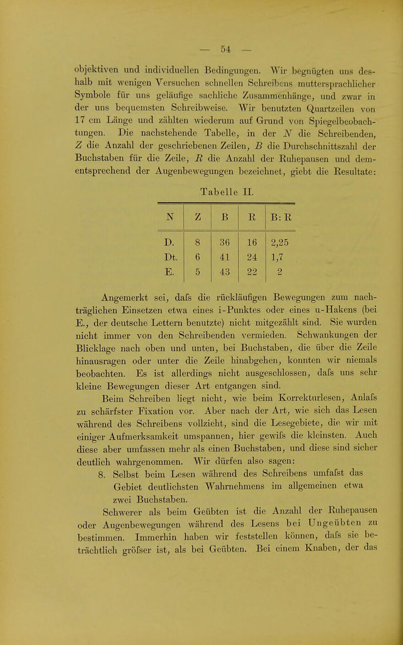 objektiven und individuellen Bedingungen. Wir begnügten uns des- halb mit wenigen Versuchen schnellen Schreibens muttersprachlicher Symbole für uns geläufige sachhche Zusammenhänge, und zwar in der uns bequemsten Schreibweise. Wir benutzten Quartzeilen von 17 cm Länge und zählten wiederum auf Grund von Spiegelbeobach- tungen. Die nachstehende Tabelle, in der iV die Schreibenden, Z die Anzahl der geschriebenen Zeilen, B die Durchschnittszahl der Buchstaben für die Zeüe, B die Anzahl der Ruliepausen und dem- entsprechend der Augenbewegungen bezeichnet, giebt die Resultate: Tabelle U. N Z B R B: R D. 8 36 16 2,25 Dt. 6 41 24 E. 5 43 22 2 Angemerkt sei, dafs die rückläufigen Bewegungen zum nach- träglichen Einsetzen etwa eines i-Punktes oder eines u-Hakens (bei E., der deutsche Lettern benutzte) nicht mitgezählt sind. Sie wurden nicht immer von den Schreibenden vermieden. Schwankungen der Blicklage nach oben und unten, bei Buchstaben, die über die Zeile hinausragen oder unter die Zeile hinabgehen, konnten wir niemals beobachten. Es ist allerdings nicht ausgeschlossen, dafs uns sehr kleine Bewegungen dieser Art entgangen sind. Beim Schreiben Hegt nicht, wie beim KoiTekturlesen, Anlafs zu schärfster Fixation vor. Aber nach der Art, wie sich das Lesen während des Schreibens vollzieht, sind die Lesegebiete, die wir mit einiger Aufmerksamkeit umspannen, hier gewiTs die kleinsten. Auch diese aber umfassen mehr als einen Buchstaben, und diese sind sicher deutlich wahrgenommen. Wir dürfen also sagen: 8. Selbst beim Lesen während des Schreibens umfafst das Gebiet deutlichsten Wahrnehmens im allgemeinen etwa zwei Buchstaben. Schwerer als beim Geübten ist die Anzahl der Ruhepausen oder Augenbewegungen während des Lesens bei Ungeübten zu bestimmen. Immerhin haben wir feststellen können, dafs sie be- trächtlich gröfser ist, als bei Geübten. Bei einem Knaben, der das