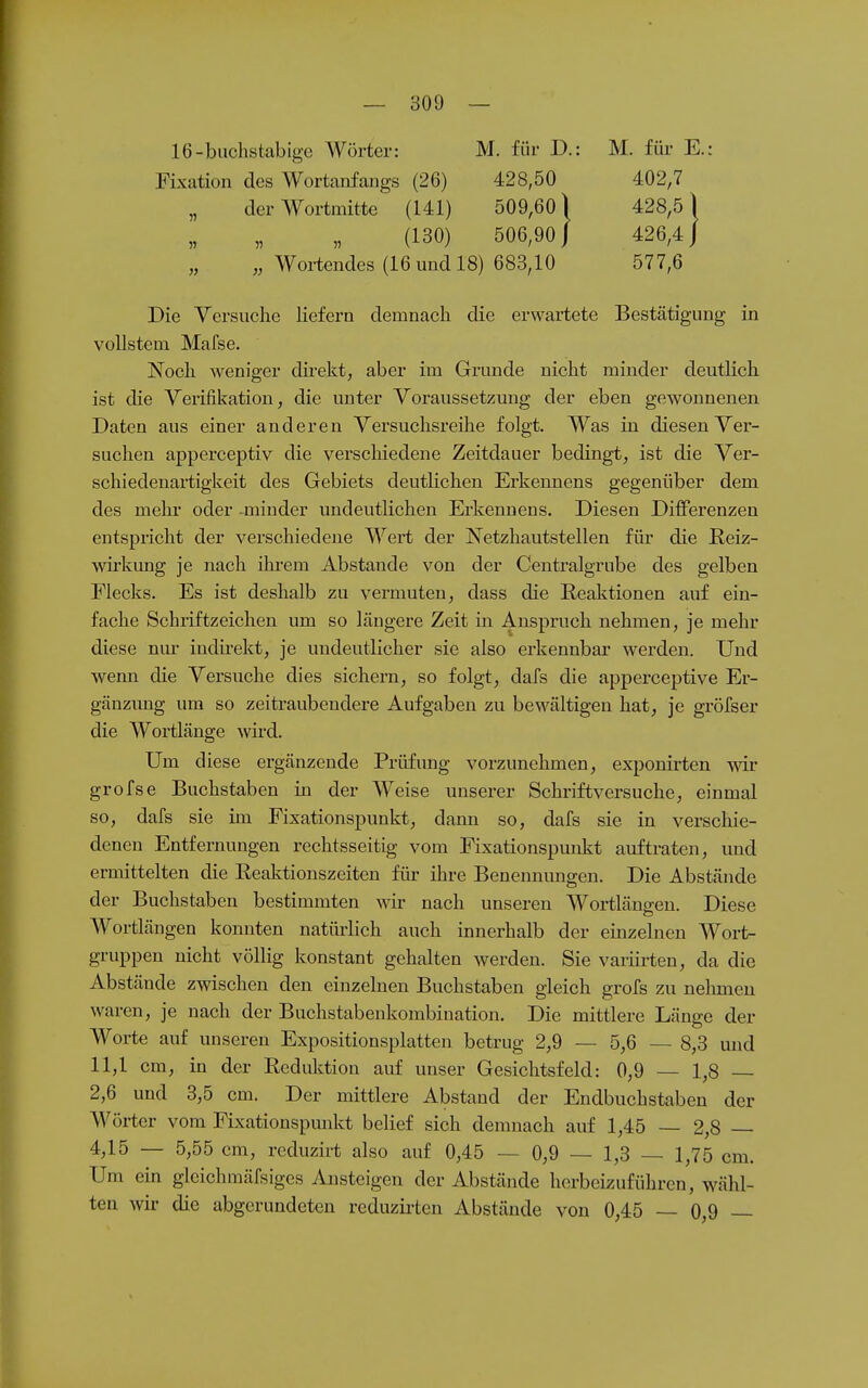 16-bachstabige Wörter: M. für D.: M. für E.: FLxation des Wortanfangs (26) 428,50 402,7 „ der Wortmitte (141) 509,601 428,51 (130) 506,90/ 426,4/ „ Wortendes (16 und 18) 683,10 577,6 Die Versuche liefern demnach die erwartete Bestätigung in vollstem Mafse. Noch weniger direkt, aber im Grunde nicht minder deutlich ist die Verifikation; die unter Voraussetzung der eben gewonnenen Daten aus einer anderen Versuchsreihe folgt. Was in diesen Ver- suchen apperceptiv die verscliiedene Zeitdauer bedingt, ist die Ver- schiedenartigkeit des Gebiets deutlichen Erkennens gegenüber dem des mehr oder -minder undeutlichen Erkennens. Diesen Differenzen entspiicht der verschiedene Wert der Netzhautstellen für die ßeiz- wu-kung je nach ihrem Abstände von der Centralgrnbe des gelben Flecks. Es ist deshalb zu vermuten, dass die Reaktionen auf ein- fache Schriftzeichen um so längere Zeit in Anspruch nehmen, je mehr diese nur indii-ekt, je undeutlicher sie also erkennbar wei'den. Und wenn die Versuche dies sichern, so folgt, dafs die apperceptive Er- gänzung um so zeitraubendere Aufgaben zu bewältigen hat, je gröfser die Wortlänge wird. Um diese ergänzende Prüfung vorzunehmen, exponirten wir grofse Buchstaben in der Weise unserer Schriftversuche, einmal so, dafs sie im Fixationspunkt, dann so, dafs sie in verschie- denen Entfernungen rechtsseitig vom Fixationspunkt auftraten, und ermittelten die Reaktionszeiten für ihre Benennimgen. Die Abstände der Buchstaben bestimmten wir nach unseren Wortlängen. Diese Wortlängen konnten natüiiich auch innerhalb der einzelnen Wort- gruppen nicht völlig konstant gehalten Averden. Sie variirten, da die Abstände zwischen den einzelnen Buchstaben gleich grofs zu nehmen waren, je nach der Buchstabenkombination. Die mittlere Länge der Worte auf unseren Expositionsplatten betrug 2,9 — 5,6 — 8,3 und 11,1 cm, in der Reduktion auf unser Gesichtsfeld: 0,9 — 1,8 — 2,6 und 3,5 cm. Der mittlere Abstand der Endbuchstaben der Wörter vom Fixationspmikt belief sich demnach auf 1,45 — 2,8 — 4,15 — 5,55 cm, rcduzirt also auf 0,45 — 0,9 — 1,3 — 1,75 cm. Um ein gleichmäfsiges Ansteigen der Abstände herbeizuführen, wähl- ten wir die abgerundeten reduzirten Abstände von 0,45 — 0,9 —