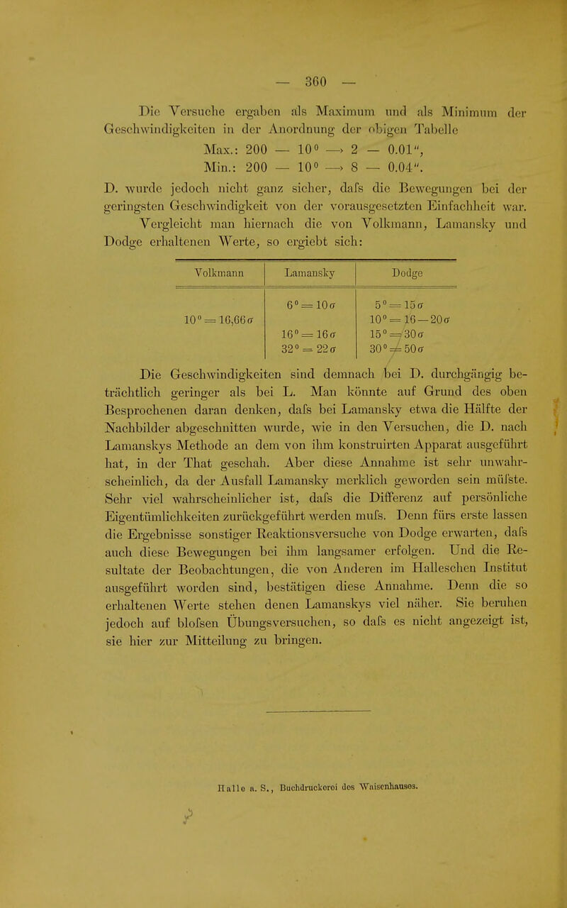 Die Versuche ergaben als Maximum und als Minimum der Geschwindigkeiten in der Anordnung der obigen Tabelle Max.: 200 — lO» —> 2 — O.Ol, Min.: 200 — 10 —> 8 — 0.04. D. wurde jedoch nicht ganz sicher, dafs die Bewegungen bei der geringsten Geschwindigkeit von der vorausgesetzten Einfachheit war. Vergleicht man hiernach die von Volkmann, Lamansky und Dodge erhaltenen Werte, so ergiebt sich: VoLimana Lamanslcy Dodge Go^lOff 5» = 15ff 10 = lG,G6ff 10»= IG —20ff 16»= IGff 15» = 30ff 32» = 22(T 30»^50(T Die Geschwindigkeiten sind demnach bei D. durchgängig be- trächtlich geringer als bei L. Man könnte auf Grund des oben Besprochenen daran denken, dafs bei Lamansky etwa die Hälfte der Nachbilder abgeschnitten wurde, wie in den Versuchen, die D. nach Lamanskys Methode an dem von ihm konstruirten Apparat ausgeführt hat, in der That geschah. Aber diese Annahme ist sehr unwahr- scheinlich, da der Ausfall Lamansky merklich geworden sein müi'ste. Sehr viel wahrscheinlicher ist, dafs die Differenz auf persönliche Eigentümlichkeiten zurückgeführt werden mufs. Denn fürs erste lassen die Ei'gebnisse sonstiger Reaktionsversuche von Dodge erwarten, dafs auch diese Bewegungen bei ilim langsamer erfolgen. Und die Re- sultate der Beobachtungen, die von Anderen im Halleschen Institut ausgeführt worden sind, bestätigen diese Annahme. Denn die so erhaltenen Werte stehen denen Lamanskys viel näher. Sie beruhen jedoch auf blofsen Übungsversuchen, so dafs es nicht angezeigt ist, sie hier zur Mitteilung zu bringen. riallo a. S., Buchdi-uokoroi dos Waisenhauses.