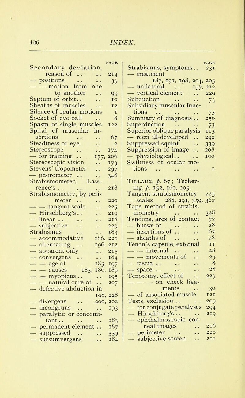 PAGE Secondary deviation, reason of .. .. 214 — positions .. .. 39 motion from one to another .. 99 Septum of orbit.. .. 10 Sheaths of muscles .. 12 Silence of ocular motions 1 Socket of eye-ball .. 8 Spasm of single muscles 122 Spiral of muscular in- sertions .. .. 67 Steadiness of eye .. 2 Stereoscope .. .. 174 — for training .. 177,206 Stereoscopic vision .. 173 Stevens' tropometer .. 297 — phorometer .. .. 348 Strabismometer, Law- rence's .. .. .. 218 Strabismometry, by peri- meter .. .. 220 tangent scale .. 225 — Hirschberg's.. .. 219 — linear .. .. .. 218 — subjective .. .. 229 Strabismus .. .. 183 — accommodative 186, 228 — alternating .. 196, 212 — apparent only 215 — convergens .. .. 184 age of .. 185, 197 — — causes 185, 186, 189 myopicus .. .. 195 natural cure of .. 207 — defective abduction in 198, 228 — divergens .. 200, 202 — incongruus .. .. 193 —■ paralytic or concomi- tant 183 — permanent element .. 187 — suppressed .. .. 339 — sursumvergens .. 184 PAGE Strabismus, symptoms .. 231 — treatment 187, 191, 198, 204, 205 — unilateral .. 197, 212 — vertical element .. 229 Subduction .. .. 73 Subsidiary muscular func- tions .. .. .. 73 Summary of diagnosis .. 256 Superduction .. .. 73 Superior oblique paralysis 113 — recti ill-developed .. 292 Suppressed squint .. 339 Suppression of image .. 208 — physiological.. .. 160 Swiftness of ocular mo- tions .. .. .. 1 Till.aux, p. 67 ; Tscher- ing, p. 152, 160, 205. Tangent strabismometry 225 — scales 288, 291, 359, 362 Tape method of strabis- mometry .. .. 328 Tendons, arcs of contact 72 — bursae of .. .. 28 — insertions of .. .. 67 — sheaths of .. 28 Tenon's capsule, external 11 internal .. .. 28 movements of .. 29 — fascia .. .. .. 8 —- space .. .. .. 28 Tenotomy, effect of .. 229 -on check liga- ments .. 30 — of associated muscle 121 Tests, exclusion .. .. 209 — for conjugate paralyses 294 — Hirschberg's.. .. 219 —■ ophthalmoscopic cor- neal images .. 216 — perimeter .. .. 220 — subjective screen .. 211