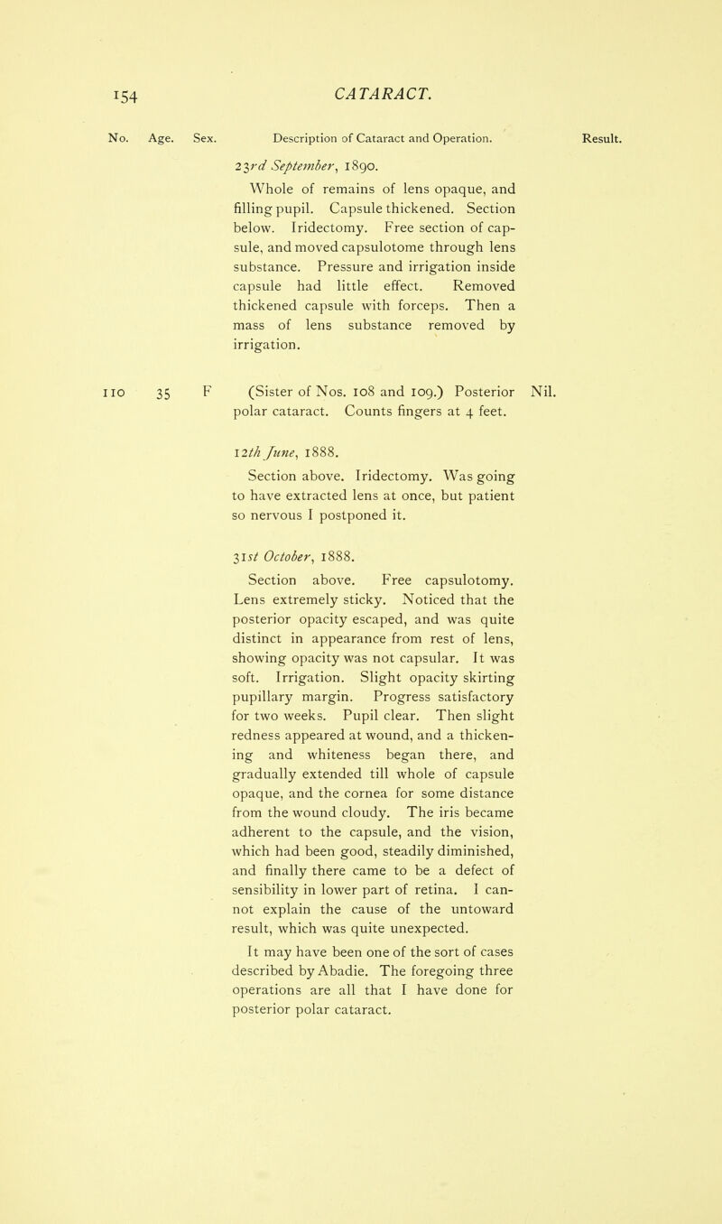 No. Age. Sex. Description of Cataract and Operation. Result. 2$rd September, 1890. Whole of remains of lens opaque, and filling pupil. Capsule thickened. Section below. Iridectomy. Free section of cap- sule, and moved capsulotome through lens substance. Pressure and irrigation inside capsule had little effect. Removed thickened capsule with forceps. Then a mass of lens substance removed by irrigation. no 35 F (Sister of Nos. 108 and 109.) Posterior Nil. polar cataract. Counts fingers at 4 feet. \2th June, 1888. Section above. Iridectomy. Was going to have extracted lens at once, but patient so nervous I postponed it. list October, 1888. Section above. Free capsulotomy. Lens extremely sticky. Noticed that the posterior opacity escaped, and was quite distinct in appearance from rest of lens, showing opacity was not capsular. It was soft. Irrigation. Slight opacity skirting pupillary margin. Progress satisfactory for two weeks. Pupil clear. Then slight redness appeared at wound, and a thicken- ing and whiteness began there, and gradually extended till whole of capsule opaque, and the cornea for some distance from the wound cloudy. The iris became adherent to the capsule, and the vision, which had been good, steadily diminished, and finally there came to be a defect of sensibility in lower part of retina. I can- not explain the cause of the untoward result, which was quite unexpected. It may have been one of the sort of cases described byAbadie. The foregoing three operations are all that I have done for posterior polar cataract.