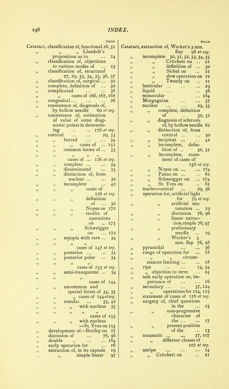 PAGE Cataract, classification of, functional 28, 31 ,, ,, „ Llandolt's proposition as to ... 24 „ classification of, objections to various modes of ... 23 ,, classification of, structural 27, 29, 33, 34, 35, 36, 37 ,, classification of, surgical... 32 ,, complete, definition of ... 30 ,, complicated ... ... 38 „ „ cases of 166,167,168 ,, congenital... ... ... 26 ,, consistence of, diagnosis of, by hollow needle 60 et seq. ,, consistence of, estimation of value of some diag- nostic points in determin- ing ... ... et seq. cortical ... ... 29, 33 ,, barred 34 ,, ,, cases of ... 151 ,, common forms of... 33 126 el seq. ... 34 35 cases of ... complete ... ,, disseminated ,, distinction of, from nuclear ... ... 30 ,, incomplete ... 42 ,, ,, cases of 126 et seq. ,, ,, definition of ... 30 ,, ,, Noyeson 172 ,, ,, results of operations on ... 173 „ ,, Schweigger on ... 172 ,, myopia with rare ... 34 cases of 147 et seq. „ posterior 35 ,, posterior polar ... 34 ») ,t cases of 153 et seq. ,, semi-transparent ... 34 >i »> cases of 144 ,, uncommon and special forms of 34, 35 ,, „ cases of i\\etseq. ,, zonular ... 35, 42 ,, ,, with nucleus 35 11 ?) )> »j cases of 155 ,, „ with nucleus —St. Yves on 155 development of—Braileyon 27 discission of ... 76, 96 double 184 early operation for ... 16 extraction of, in its capsule 19 „ simple linear 97 Cataract, extraction of, Wecker's 3 mm. flap 98 et seq. incomplete 30, 31, 32, 33, 34, 35 „ Critchett on ... 21 „ definition of ... 3a „ Sichel on ... 21 ,, slow operation on 22 ,, Tweedy on lenticular ... liquid monocular ... ; Morgagnian nuclear ... ... 29, „ complete, definition of .. 30, ,, diagnosis of sclerosis of, by hollow needle 61 „ distinction of, from cortical ... ... 30 ,, incipient ... ... 42 ,, incomplete, defin- ition of .. 30, 31 „ incomplete, state- ment of cases of 156 et seq. „ Noyes on 174 ,, Panas on ... ... 61 ,, Schweigger on ... 174 ,, St. Yves on ... 61 nucleo-cortical ... 29, 36 operation for, artificial light for 79 et seq. ,, artificial ma- turation ... 19 ,, discission 76, 96 ,, linear extrac- tion,simple 76, 97 ,, preliminary needle „ Wecker's 3 mm. flap 76, pyramidal range of operation for circum stances limiting... ripe ,, objection to term safe early operation on, im portance of secondary ... ... 37, 124 ,, operations for 124, 125 statement of cases of 126 et seq. surgery of, chief questions in the „ non-progressive character of the 19 36 15 present position of the 17 13 107 traumatic ... ... 37, ,, different classes of 107 et seq. unripe ... ... ... 14 Critchett on .. 21