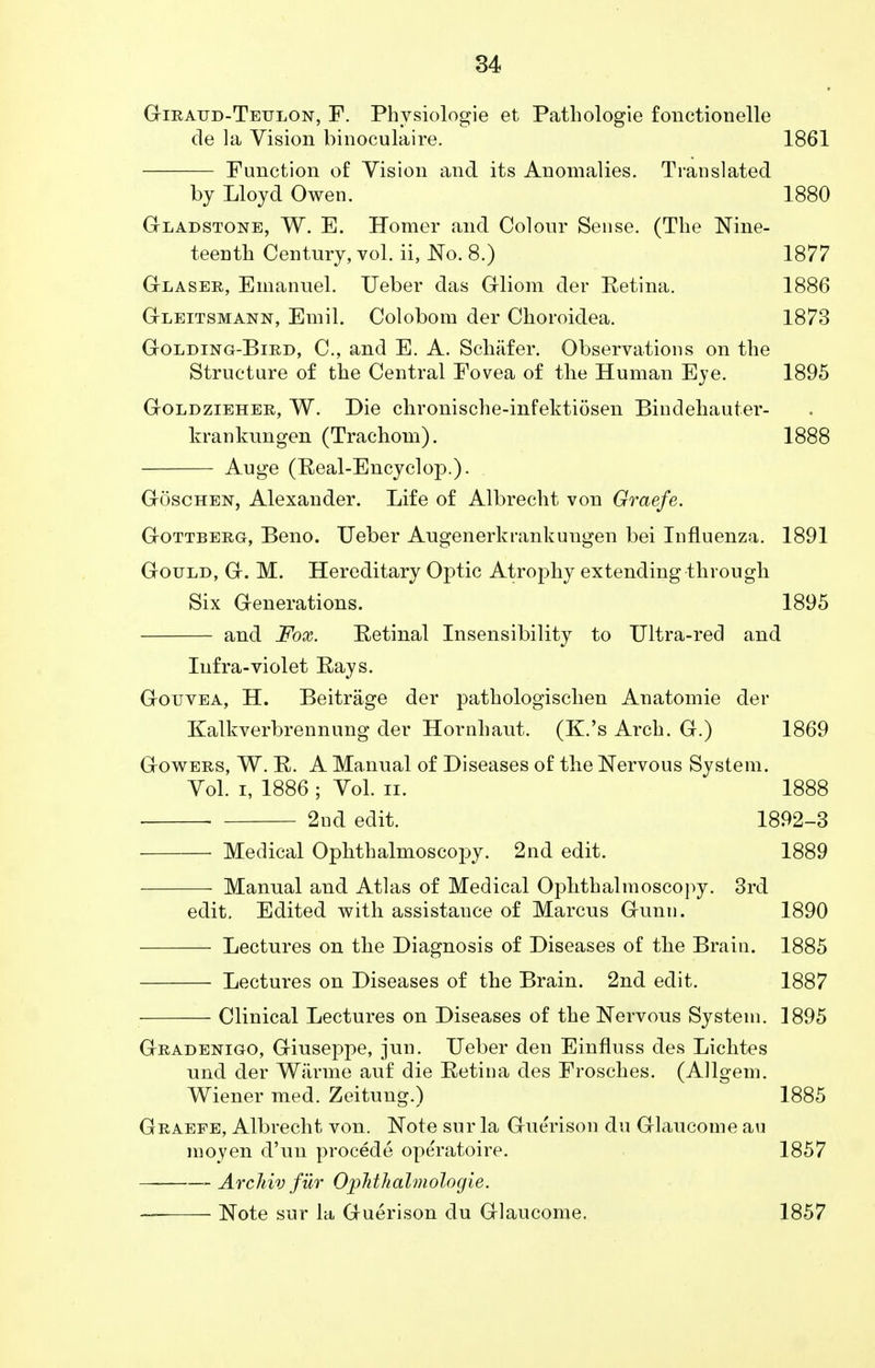 Giraud-Tetjlon, F. Physiologie et Pathologie fonetionelle de la Vision binoculaire. 1861 Function of Vision and its Anomalies. Translated by Lloyd Owen. 1880 Gladstone, W. E. Homer and Colour Sense. (The Nine- teenth Century, vol. ii, No. 8.) 1877 Glaser, Emanuel. Ueber das Gliom der Retina. 1886 Gleitsmann, Emil. Colobom der Choroidea. 1873 Goldlng-Bird, C, and E. A. Schafer. Observations on the Structure of the Central Fovea of the Human Eye. 1895 Goldzieher, W. Die chronische-infektiosen Bindekauter- krankungen (Trachom). 1888 Auge (Eeal-Encyclop.). Goschen, Alexander. Life of Albrecht von Graefe. Gottberg, Beno. IJeber Augenerkrankungen bei Influenza. 1891 Gould, G. M. Hereditary Optic Atrophy extending through Six Generations. 1895 and Fox. Retinal Insensibility to Ultra-red and Infra-violet Rays. Gouvea, H. Beitrage der pathologischen Anatomie der Kalkverbrennung der Hornhaut. (K.'s Arch. G.) 1869 Gowers, W. R. A Manual of Diseases of the Nervous System. Vol. i, 1886 ; Vol. ii. 1888 . 2nd edit. 1892-3 —• Medical Ophthalmoscopy. 2nd edit. 1889 —- Manual and Atlas of Medical Ophthalmoscopy. 3rd edit. Edited with assistance of Marcus Gunn. 1890 — Lectures on the Diagnosis of Diseases of the Brain. 1885 — Lectures on Diseases of the Brain. 2nd edit. 1887 — Clinical Lectures on Diseases of the Nervous System. 1895 Gradenioo, Giuseppe, jun. IJeber den Einfluss des Lichtes und der Wiirme auf die Retina des Frosches. (Allgem. Wiener med. Zeitung.) 1885 Graefe, Albrecht von. Note sur la Guerison du Glaucome au moyen d'un procede operatoire. 1857 Archiv fur Ophthalmologic. — Note sur la Guerison du Glaucome. 1857