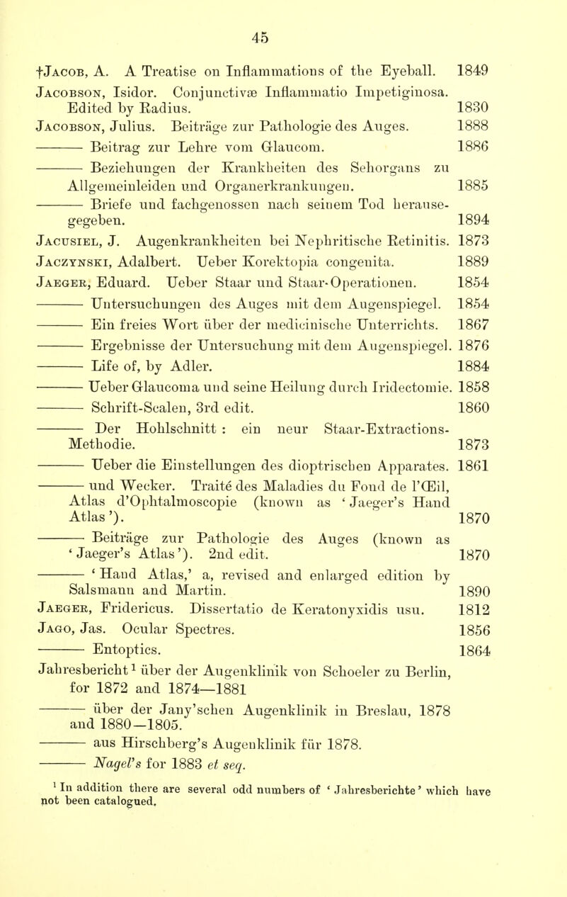 f Jacob, A. A Treatise on Inflammations of the Eyeball. 1849 Jacobson, Isidor. Conjunctivae Inflammatio Impetiginosa. Edited by Eadius. 1830 Jacobson, Julius. Beitrage zur Pathologie des Auges. 1888 Beitrag zur Lehre vom Glaucom. 1886 Bezieliungen der Krankheiten des Sehorgans zu Allgemeinleiden und Organerkrankungen. 1885 Briefe und fachg-enossen nach seinem Tod herause- gegeben. 1894 Jacusiel, J. Augenkranklieiten bei Nepkritische Eetinitis. 1873 Jaczynski, Adalbert. Ueber Korektopia congenita. 1889 Jaeger, Eduard. Ueber Staar und Staar-Operationen. 1854 Untersuchungen des Auges mit dem Augenspiegel. 1854 Ein freies Wort iiber der medicinische Unterrichts. 1867 Ergebnisse der ITntersuchung mit dem Augenspiegel. 1876 Life of, by Adler. 1884 Ueber Glaucoma und seine Heilung durch Iridectomie. 1858 Schrift-Sealen, 3rd edit. 1860 Der Hoklsehnitt : ein neur Staar-Extractions- Methodie. 1873 Ueber die Einstellungen des dioptriscben Apparates. 1861 und Wecker. Traite des Maladies du Fond de l'CEil, Atlas d'Ophtalmoscopie (known as f Jaeger's Hand Atlas'). 1870 Beitrage zur Patliologie des Auges (known as 'Jaeger's Atlas'). 2nd edit. 1870 ' Hand Atlas,' a, revised and enlarged edition by Salsmann and Martin. 1890 Jaeger, Fridericus. Dissertatio de Keratonyxidis usu. 1812 Jago, Jas. Ocular Spectres. 1856 Entoptics. 1864 Jahresberickt1 uber der Augenklinik von Sclioeler zu Berlin, for 1872 and 1874—1881 uber der Jany'schen Augenklinik in Breslau, 1878 and 1880—1805. aus Hirschberg's Augenklinik fur 1878. Nagel's for 1883 et sea. 1 In addition theve are several odd numbers of ' Jahresberichte» which have not been catalogued.