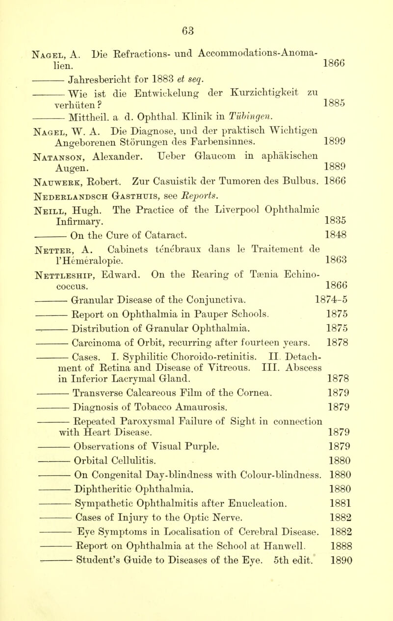 Nagel, A. Die Refractions- und Accommodations-Anoma- lien. 1866 Jahresbericht for 1883 et seq. Wie ist die Entwickelung der Kurzichtigkeit zu verliiiten? 1885 Mittheil. a d. Ophthal. Klinik in Tubingen. Nagel, W. A. Die Diagnose, und der praktisch Wichtigen Angeborenen Storungen des Farbensinnes. 1899 Natanson, Alexander. Ueber Glauconi in aphakischen Augen. 1889 Natjwerk, Eobert. Zur Casuistik der Tumoren des Bulbus. 1866 Nederlandsch G-asthijis, see Reports. Neill, Hugh. The Practice of the Liverpool Ophthalmic Infirmary. 1835 ■ On the Cure of Cataract. 1848 Netter, A. Cabinets tenebraux dans le Traitement de l'Hemeralopie. 1863 Nettleship, Edward. On the Rearing of Taenia Echino- coccus. 1866 Granular Disease of the Conjunctiva. 1874-5 Report on Ophthalmia in Pauper Schools. 1875 Distribution of Granular Ophthalmia. 1875 Carcinoma of Orbit, recurring after fourteen years. 1878 Cases. I. Syphilitic Choroido-retinitis. II. Detach- ment of Retina and Disease of Yitreous. III. Abscess in Inferior Lacrymal Gland. 1878 Transverse Calcareous Film of the Cornea. 1879 Diagnosis of Tobacco Amaurosis. 1879 Repeated Paroxysmal Failure of Sight in connection with Heart Disease. 1879 Observations of Visual Purple. 1879 Orbital Cellulitis. 1880 On Congenital Day-blindness with Colour-blindness. 1880 Diphtheritic Ophthalmia. 1880 Sympathetic Ophthalmitis after Enucleation. 1881 Cases of Injury to the Optic Nerve. 1882 Eye Symptoms in Localisation of Cerebral Disease. 1882 Report on Ophthalmia at the School at Han well. 1888 Student's Guide to Diseases of the Eye. 5th edit. 1890