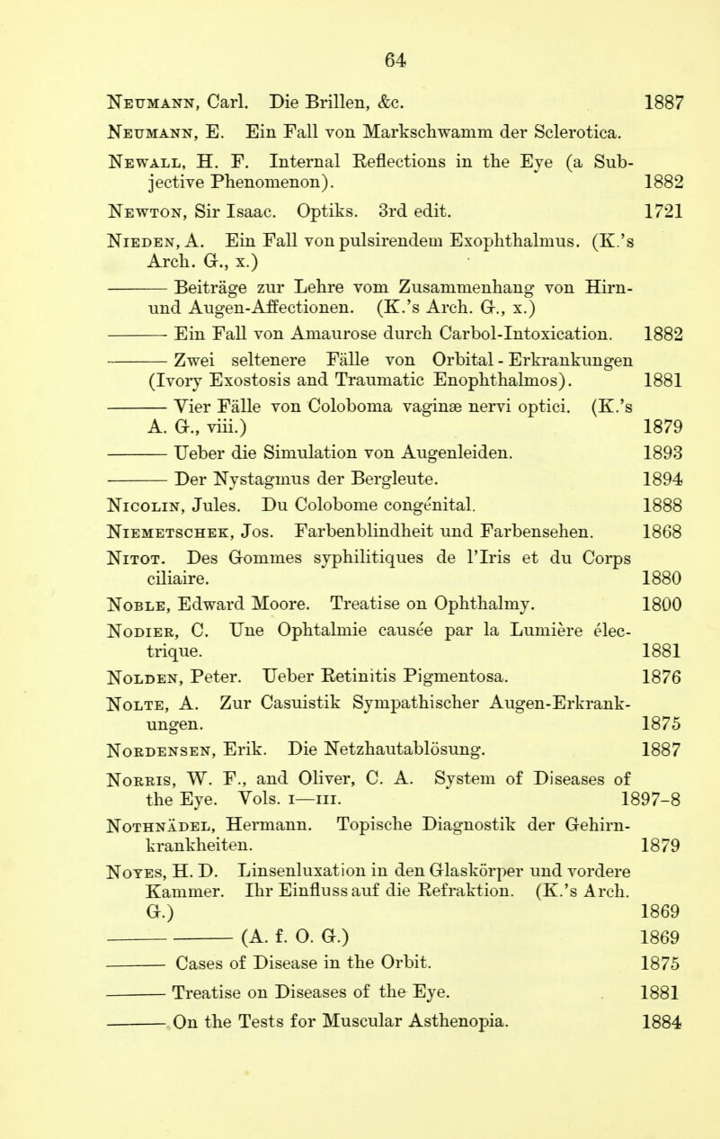 Neumann, Carl. Die Brillen, &e. 1887 Neumann, E. Ein Fall von Markschwamm der Sclerotica. Newall, H. F. Internal Kenections in the Eye (a Sub- jective Phenomenon). 1882 Newton, Sir Isaac. Optiks. 3rd edit. 1721 Nieden, A. Ein Fall von pulsirendem Exophthalmus. (K.'s Arch. G., x.) Beitrage zur Lehre vom Zusammenhang von Hirn- und Augen-Affectionen. (K.'s Arch. Gr., x.) Ein Fall von Amaurose durch Carbol-Intoxication. 1882 Zwei seltenere Falle von Orbital - Erkrankungen (Ivory Exostosis and Traumatic Enophthalmos). 1881 Vier Falle von Coloboma vaginae nervi optici. (K.'s A. Gr., viii.) 1879 Ueber die Simulation von Augenleiden. 1893 Der Nystagmus der Bergleute. 1894 Nicolin, Jules. Du Colobome congenital. 1888 Niemetschek, Jos. Farbenblindheit und Farbensehen. 1868 Nitot. Des Gommes syphilitiques de l'lris et du Corps ciliaire. 1880 Noble, Edward Moore. Treatise on Ophthalmy. 1800 Nodier, C. Une Ophtalmie causee par la Lumiere elec- trique. 1881 Nolden, Peter. Ueber Retinitis Pigmentosa. 1876 Nolte, A. Zur Casuistik Sympathischer Augen-Erkrank- ungen. 1875 Noedensen, Erik. Die Netzhautablosung. 1887 Norris, W. F., and Oliver, C. A. System of Diseases of the Eye. Vols, i—in. 1897-8 Nothnadel, Hermann. Topische Diagnostik der G-ehirn- krankheiten. 1879 Noyes, H. D. Linsenluxation in den Glaskorper und vordere Kammer. Ihr Einflussauf die Refraktion. (K.'s Arch. G-.) 1869 (A. f. 0. Gr.) 1869 Cases of Disease in the Orbit. 1875 Treatise on Diseases of the Eye. 1881 On the Tests for Muscular Asthenopia. 1884