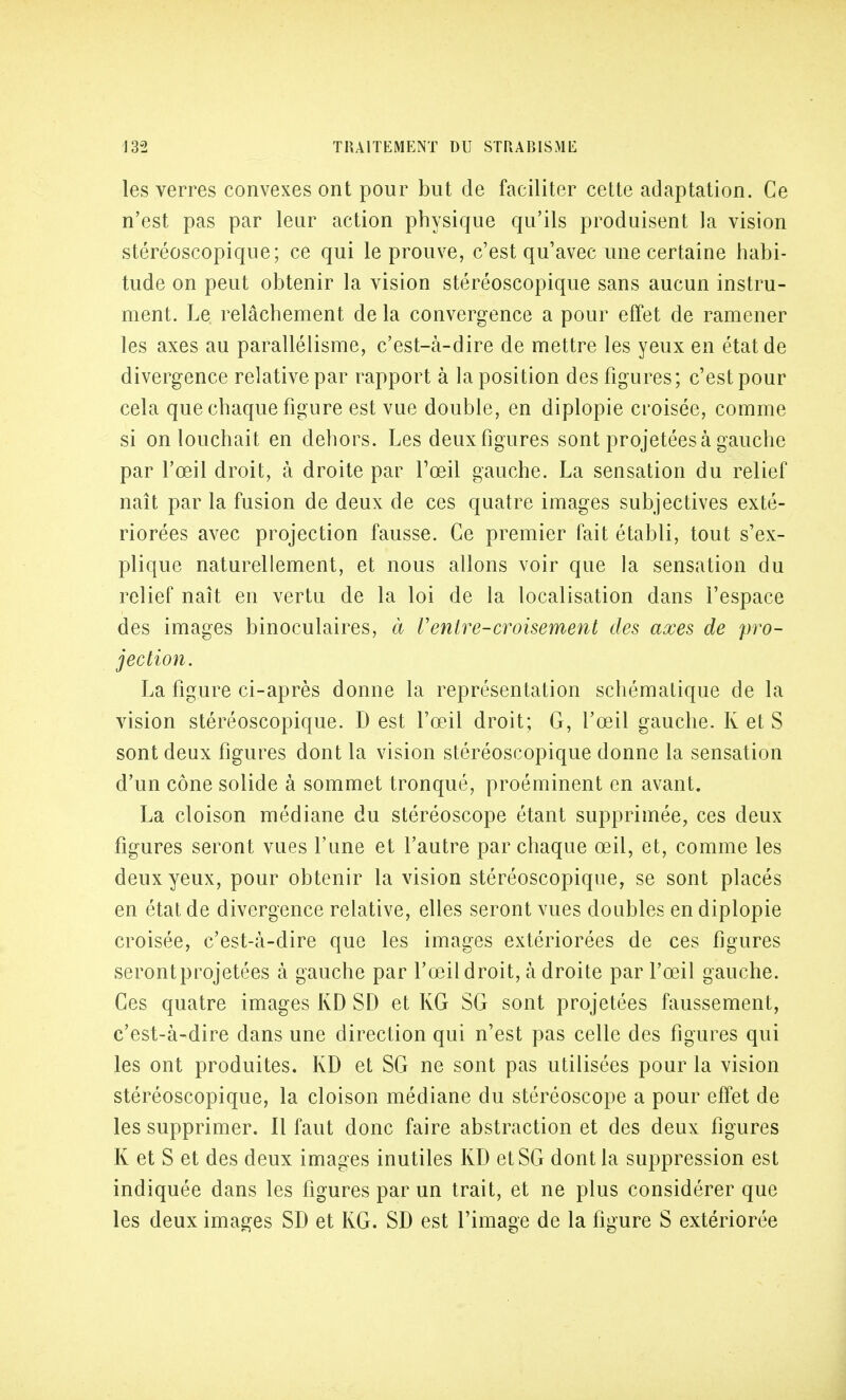 les verres convexes ont pour but de faciliter cette adaptation. Ce n'est pas par leur action physique qu'ils produisent la vision stéréoscopique; ce qui le prouve, c'est qu'avec une certaine habi- tude on peut obtenir la vision stéréoscopique sans aucun instru- ment. Le relâchement de la convergence a pour effet de ramener les axes au parallélisme, c'est-à-dire de mettre les yeux en état de divergence relative par rapport à la position des figures; c'est pour cela que chaque figure est vue double, en diplopie croisée, comme si on louchait en dehors. Les deux figures sont projetées à gauche par l'œil droit, à droite par l'œil gauche. La sensation du relief naît par la fusion de deux de ces quatre images subjectives exté- riorées avec projection fausse. Ce premier fait établi, tout s'ex- plique naturellement, et nous allons voir que la sensation du relief naît en vertu de la loi de la localisation dans l'espace des images binoculaires, à Ventre-croisement des axes de pro- jection. La figure ci-après donne la représentation schématique de la vision stéréoscopique. D est l'œil droit; G, l'œil gauche. K et S sont deux figures dont la vision stéréoscopique donne la sensation d'un cône solide à sommet tronqué, proéminent en avant. La cloison médiane du stéréoscope étant supprimée, ces deux figures seront vues l'une et l'autre par chaque œil, et, comme les deux yeux, pour obtenir la vision stéréoscopique, se sont placés en état de divergence relative, elles seront vues doubles en diplopie croisée, c'est-à-dire que les images extériorées de ces figures seront projetées à gauche par l'œil droit, à droite par l'œil gauche. Ces quatre images KD SD et KG SG sont projetées faussement, c'est-à-dire dans une direction qui n'est pas celle des figures qui les ont produites. KD et SG ne sont pas utilisées pour la vision stéréoscopique, la cloison médiane du stéréoscope a pour effet de les supprimer. Il faut donc faire abstraction et des deux figures K et S et des deux images inutiles KD etSG dont la suppression est indiquée dans les figures par un trait, et ne plus considérer que les deux images SD et KG. SD est l'image de la figure S extériorée