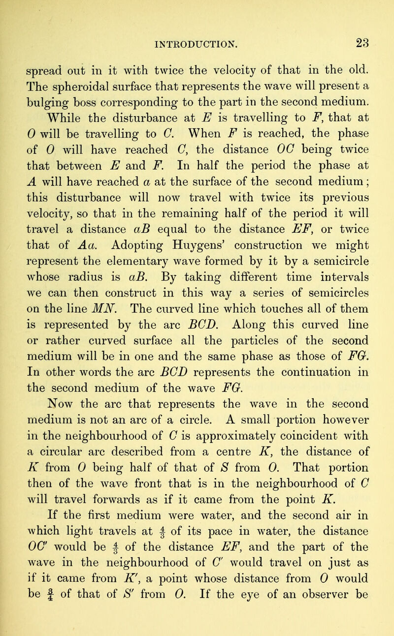 spread out in it with twice the velocity of that in the old. The spheroidal surface that represents the wave will present a bulging boss corresponding to the part in the second medium. While the disturbance at E is travelling to F, that at 0 will be travelling to C. When F is reached, the phase of 0 will have reached G, the distance OG being twice that between E and F. In half the period the phase at A will have reached a at the surface of the second medium; this disturbance will now travel with twice its previous velocity, so that in the remaining half of the period it will travel a distance aB equal to the distance EF, or twice that of Aa. Adopting Huygens' construction we might represent the elementary wave formed by it by a semicircle whose radius is aB. By taking different time intervals we can then construct in this way a series of semicircles on the line MN. The curved line which touches all of them is represented by the arc BCD. Along this curved line or rather curved surface all the particles of the second medium will be in one and the same phase as those of FG. In other words the arc BCD represents the continuation in the second medium of the wave FG. Now the arc that represents the wave in the second medium is not an arc of a circle. A small portion however in the neighbourhood of G is approximately coincident with a circular arc described from a centre K, the distance of K from 0 being half of that of S from G. That portion then of the wave front that is in the neighbourhood of G will travel forwards as if it came from the point K. If the first medium were water, and the second air in which light travels at f of its pace in water, the distance OG' would be 4 of the distance EF, and the part of the wave in the neighbourhood of G' would travel on just as if it came from K!, a point whose distance from 0 would be f of that of S' from 0. If the eye of an observer be