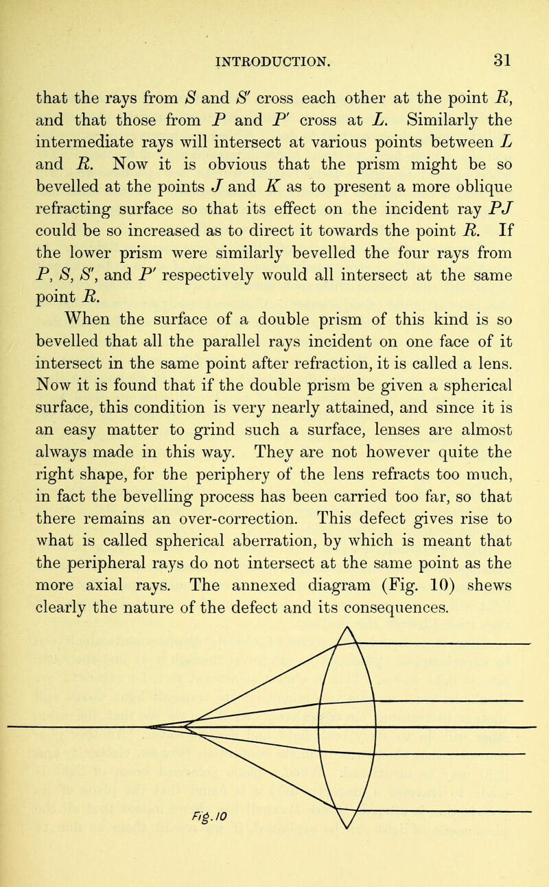 that the rays from S and S' cross each other at the point Ry and that those from P and P' cross at L. Similarly the intermediate rays will intersect at various points between L and R. Now it is obvious that the prism might be so bevelled at the points J and K as to present a more oblique- refracting surface so that its effect on the incident ray PJ could be so increased as to direct it towards the point R. If the lower prism were similarly bevelled the four rays from P, S, S', and P' respectively would all intersect at the same point R. When the surface of a double prism of this kind is so bevelled that all the parallel rays incident on one face of it intersect in the same point after refraction, it is called a lens. Now it is found that if the double prism be given a spherical surface, this condition is very nearly attained, and since it is an easy matter to grind such a surface, lenses are almost always made in this way. They are not however quite the right shape, for the periphery of the lens refracts too much, in fact the bevelling process has been carried too far, so that there remains an over-correction. This defect gives rise to what is called spherical aberration, by which is meant that the peripheral rays do not intersect at the same point as the more axial rays. The annexed diagram (Fig. 10) shews clearly the nature of the defect and its consequences.