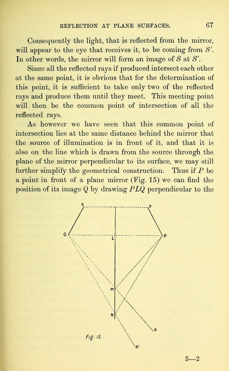Consequently the light, that is reflected from the mirror, will appear to the eye that receives it, to be coming from S'. In other words, the mirror will form an image of S at S'. Since all the reflected rays if produced intersect each other at the same point, it is obvious that for the determination of this point, it is sufficient to take only two of the reflected rays and produce them until they meet. This meeting point will then be the common point of intersection of all the reflected rays. As however we have seen that this common point of intersection lies at the same distance behind the mirror that the source of illumination is in front of it, and that it is also on the line which is drawn from the source through the plane of the mirror perpendicular to its surface, we may still further simplify the geometrical construction. Thus if P be a point in front of a plane mirror (Fig. 15) we can find the position of its image Q by drawing PLQ perpendicular to the R' P 5—2