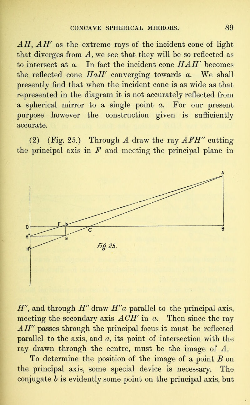 AH, AH' as the extreme rays of the incident cone of light that diverges from A, we see that they will be so reflected as to intersect at a. In fact the incident cone HAH' becomes the reflected cone HaH' converging towards a. We shall presently find that when the incident cone is as wide as that represented in the diagram it is not accurately reflected from a spherical mirror to a single point a. For our present purpose however the construction given is sufficiently accurate. (2) (Fig. 25.) Through A draw the ray AFH cutting the principal axis in F and meeting the principal plane in A H, and through H draw Ha parallel to the principal axis, meeting the secondary axis AGH' in a. Then since the ray AH passes through the principal focus it must be reflected parallel to the axis, and a, its point of intersection with the ray drawn through the centre, must be the image of A. To determine the position of the image of a point B on the principal axis, some special device is necessary. The conjugate b is evidently some point on the principal axis, but