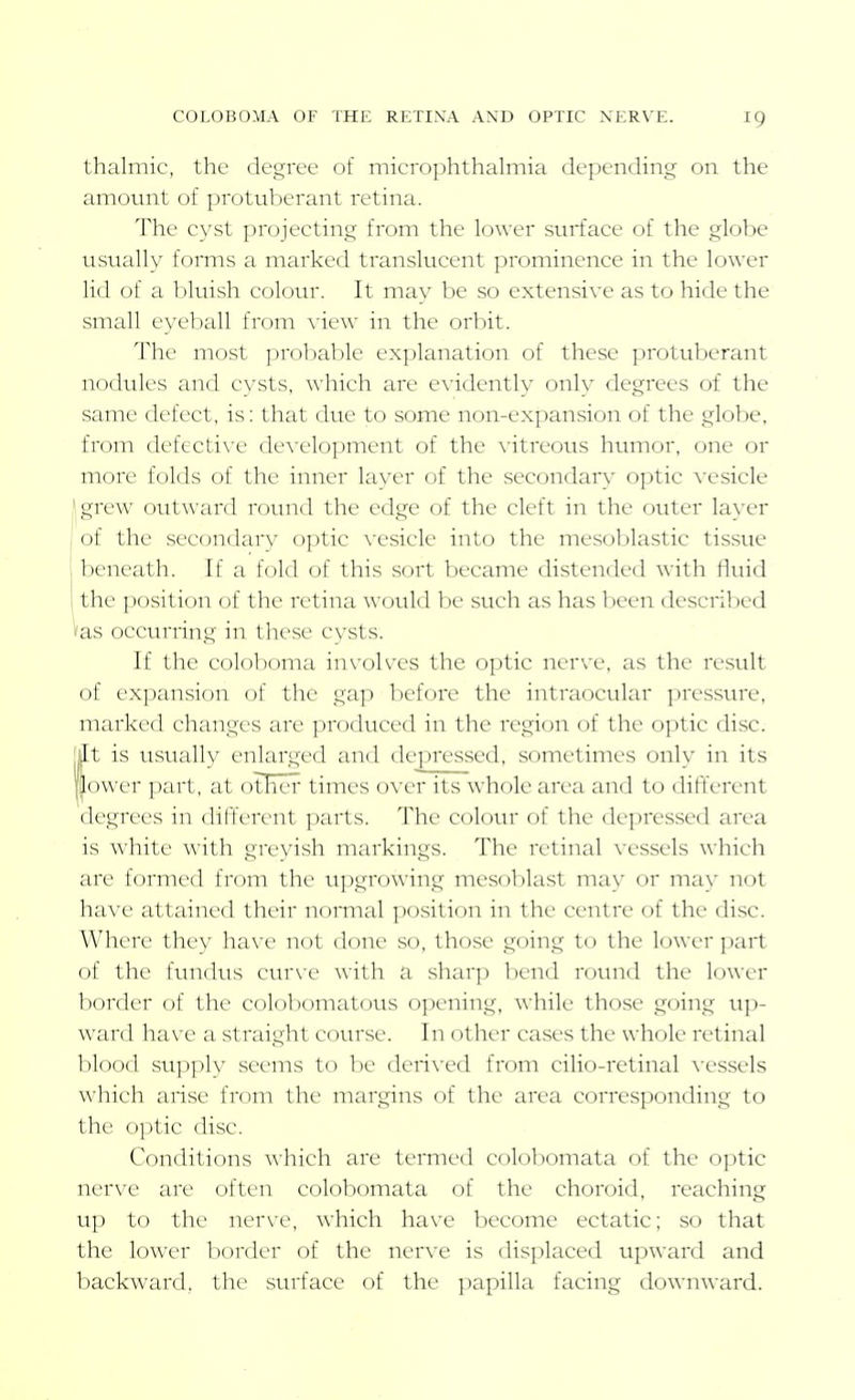 thalmic, the degree of micro] )hthalmia depending on the amotint of protuberant retina. The cyst projecting from the lower surface of the globe u.sually forms a marked translucent prominence in the lower lid of a bluish coloiu-. It mav be so extensive as to hide the small eyeball from xii'W in the orbit. The most prol)ablc explanation of these protuberant nodules and cysts, which are evidently only degrees of the same defect, is: that due to some non-expansion of the globe, from defecti\'e de\-elo])ment of the \'itreous humor, one or more folds of the inner layer of the secondary optic vesicle ' grew outward rotmd the edge of the cleft in the outer layer I of the secondary optic vesicle into the mesoblastic tissue ; beneath. If a fold of this sort became distended with fluid the position of the retina would be such as has been described las occurring in these cysts. If the coloboma involves the optic nerve, as the result of expansion of the gap before the intraocular pressure, marked changes are produced in the region of the optic disc. ft is usually enlarged and depressed, sometimes only in its Dwer part, at otEer times over its whole area and to different degrees in different parts. The colour of the depressed area is white with greyish markings. The retinal vessels which are formed from the tipgrowing mesoblast may or may not have attained their normal position in the centre of the disc. Where they have not done so, those going to the lower part of the fundus cur\e with a sharp bend rotmd the lower border of the colobomatous opening, while those going tip- ward have a straight course. In other cases the whole retinal blood supply seems to be derived from cilio-retinal vessels which arise from the margins of the area corresponding to the optic disc. Conditions which are termed colol^iomata of the optic nerve are often colobomata of the choroid, reaching up to the nerve, which have become ectatic; so that the lower border of the nerve is displaced upward and backward, the surface of the papilla facing downward.