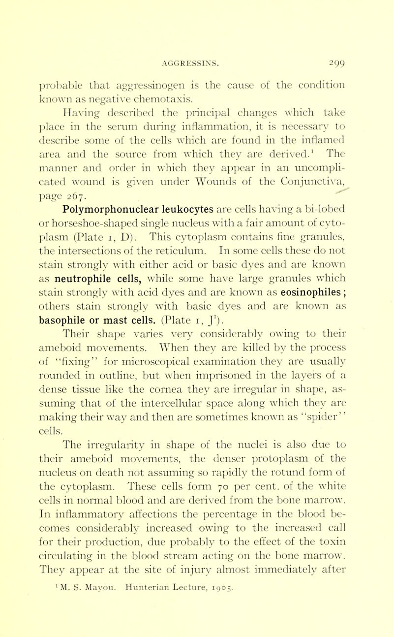 ])r(»lialik' that aggressinogen is the cause of the condition known as negati\e chemotaxis. Having described the principal changes which take ])kice in the semm during inflammation, it is necessary to describe some of the cells \\-hich are found in the inflamed area and the source from which they are derived/ The manner and order in which they appear in an uncompli- cated woimd is gi\-en under Wounds of the Conjunctiva, page 267. Polymorphonuclear leukocytes are cells having a bi-lobed or horseshoe-shaped single nucleus with a fair amount of cyto- plasm (Plate I, D). This cytoplasm contains fine granules, the intersections of the reticultun. In some cells these do not stain stronglv with either acid or basic dyes and are known as neutrophile cells, while some have large granules which stain strongly with acid dyes and are known as eosinophiles; others stain stronglv with basic dyes and are kno\\'n as basophile or mast cells. (Plate i, J'). Their shape \'aries very considerably owing to their ameboid movements. When they are killed by the process of fixing for microscopical examination they are usually rounded in outline, but when imprisoned in the layers of a dense tissue like the cornea they arc irregular in shape, as- suming that of the intercellular space along which they are making their way and then are sometimes known as spider'' cells. The irregularity in shape of the nuclei is also due to their ameboid movements, the denser protoplasm of the nucleus on death not assuming so rapidly the rotund form of the cytoplasm. These cells fomi 70 per cent, of the white cells in nonrial blood and are derived from the bone marrow. In inflammatory affections the percentage in the blood be- comes considerably increased ow-ing to the increased call for their production, due probably to the eft'ect of the toxin circulating in the blood stream acting on the bone marrow. They appear at the site of injury almost immediately after