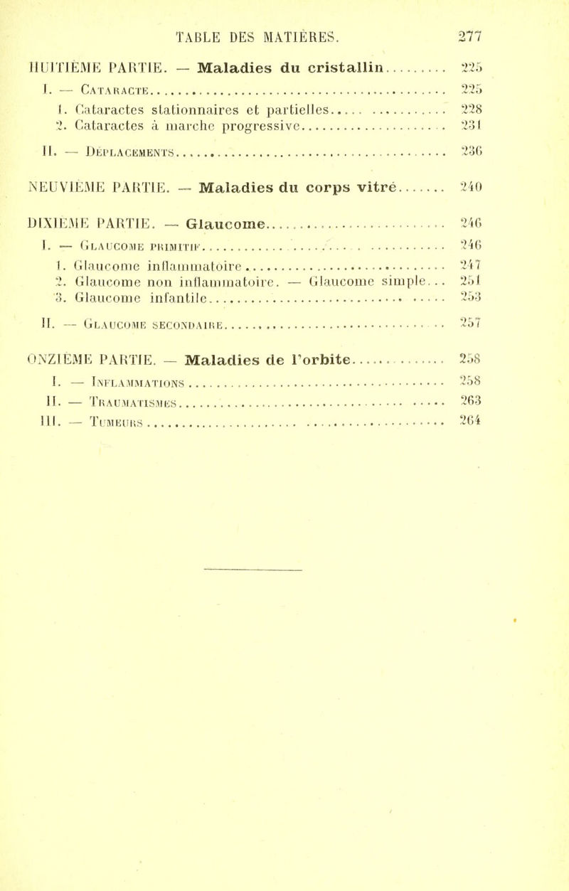 HUITIEME PARTIE. — Maladies du cristallin 225 I. — Cataracte 225 1. Cataractes stationnaires et partielles..... 228 2. Cataractes à marche progressive 231 II. — Déplacements 23G NEUVIÈME PARTIE. — Maladies du corps vitré....... 240 DIXIÈME PARTIE. — Glaucome.......................... 246 I. — Glaucome primitif 246 1. Glaucome inflammatoire 247 2. Glaucome non inflammatoire. — Glaucome simple... 251 3. Glaucome infantile •• 253 II. — Glaucome secondaire 257 ONZIÈME PARTIE. — Maladies de l'orbite I. — Inflammations 258 258