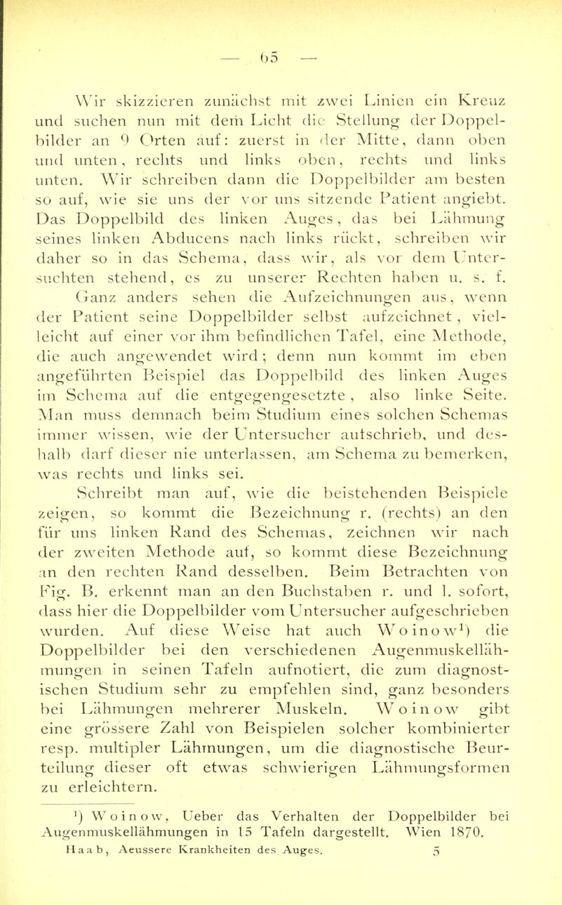 Wir skizzieren zunächst mit zwei Linien ein Kreuz und suchen nun mit derh Licht die Stellung der Doppel- bilder an 9 Orten auf: zuerst in der Mitte, dann oben und unten, rechts und links oben, rechts und links unten. Wir schreiben dann die Doppelbilder am besten so auf, wie sie uns der vor uns sitzende Patient angiebt. Das Doppelbild des linken Auges, das bei Lähmung seines linken Abducens nach links rückt, schreiben wir daher so in das Schema, dass wir, als vor dem Unter- suchten stehend, es zu unserer Rechten haben u. s. f. Ganz anders sehen die Aufzeichnungen aus, wenn der Patient seine Doppelbilder selbst aufzeichnet , viel- leicht auf einer vor ihm befindlichen Tafel, eine Methode, die auch angewendet wird; denn nun kommt im eben angeführten Beispiel das Doppelbild des linken Auges im Schema auf die entcregeng-esetzte 5 also linke Seite. Man muss demnach beim Studium eines solchen Schemas immer wissen, wie der Untersucher autschrieb, und des- halb darf dieser nie unterlassen, am Schema zu bemerken, was rechts und links sei. vSchreibt man auf, wie die beistehenden Beispiele zeigen, so kommt die Bezeichnung r. (rechts) an den für uns linken Rand des Schemas, zeichnen wir nach der zweiten Methode auf, so kommt diese Bezeichnung an den rechten Rand desselben. Beim Betrachten von Fig. B. erkennt man an den Buchstaben r. und 1. sofort, dass hier die Doppelbilder vom Untersucher aufgeschrieben wurden. Auf diese Weise hat auch Woinow1) die Doppelbilder bei den verschiedenen Augenmuskelläh- mungen in seinen Tafeln aufnotiert, die zum diagnost- ischen Studium sehr zu empfehlen sind, ganz besonders bei Lähmungen mehrerer Muskeln. Woinow gibt eine grössere Zahl von Beispielen solcher kombinierter resp. multipler Lähmungen, um die diagnostische Beur- teilung dieser oft etwas schwierigen Lähmungsformen zu erleichtern. *) Woinow, Ueber das Verhalten der Doppelbilder bei Augenmuskellähmungen in 15 Tafeln dargestellt. Wien 1870. Haab, Aeussere Krankheiten des Auges. 5