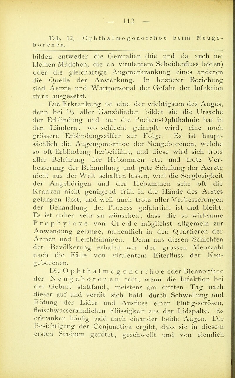 — 112 — Tab. 12. Ophthalmogonorrhoe beim Neuge- borenen. bilden entweder die Genitalien (hie und da auch bei kleinen Mädchen, die an virulentem Scheidenfluss leiden) oder die gleichartige Augenerkrankung eines anderen die Quelle der Ansteckung. In letzterer Beziehung sind Aerzte und Wartpersonal der Gefahr der Infektion stark ausgesetzt. Die Erkrankung ist eine der wichtigsten des Auges, denn bei 1js aller Ganzblinden bildet sie die Ursache der Erblindung und nur die Pocken-Ophthalmie hat in den Ländern, wo schlecht geimpft wird, eine noch grössere Erblindungsziffer zur Folge. Es ist haupt- sächlich die Augengonorrhoe der Neugeborenen, welche so oft Erblindung herbeiführt, und diese wird sich trotz aller Belehrung der Hebammen etc. und trotz Ver- besserung der Behandlung und gute Schulung der Aerzte nicht aus der Welt schaffen lassen, weil die Sorglosigkeit der Angehörigen und der Hebammen sehr oft die Kranken nicht genügend früh in die Hände des Arztes gelangen lässt, und weil auch trotz aller Verbesserungen der Behandlung der Prozess gefährlich ist und bleibt. Es ist daher sehr zu wünschen, dass die so wirksame Prophylaxe von Cr e d e möglichst allgemein zur Anwendung gelange, namentlich in den Quartieren der Armen und Leichtsinnigen. Denn aus diesen Schichten der Bevölkeruno; erhalen wir der Prossen Mehrzahl nach die Fälle von virulentem Eiterfluss der Neu- geborenen. Die Ophthalmogonorrhoe oder Blennorrhoe der Neugeborenen tritt, wenn die Infektion bei der Geburt stattfand, meistens am dritten Tag nach dieser auf und verrät sich bald durch Schwellung und Rötung der Lider und Ausfluss einer blutig-serösen, fleischwasserähnlichen Flüssigkeit aus der Lidspalte. Es erkranken häufig bald nach einander beide Augen. Die Besichtigung der Conjunctiva ergibt, dass sie in diesem ersten Stadium gerötet, geschwellt und von ziemlich