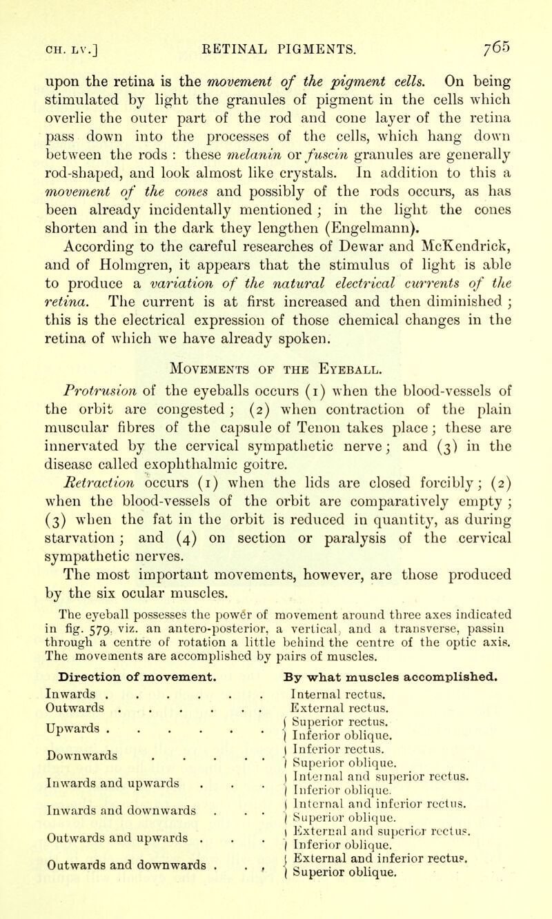upon the retina is the movement of the pigment cells. On being stimulated by light the granules of pigment in the cells which overlie the outer part of the rod and cone layer of the retina pass down into the processes of the cells, which hang down between the rods : these melanin or fuscin granules are generally rod-shaped, and look almost like crystals. In addition to this a movement of the cones and possibly of the rods occurs, as has been already incidentally mentioned; in the light the cones shorten and in the dark they lengthen (Engelmann). According to the careful researches of Dewar and McKendrick, and of Holmgren, it appears that the stimulus of light is able to produce a variation of the natural electrical currents of the retina. The current is at first increased and then diminished ; this is the electrical expression of those chemical changes in the retina of which we have already spoken. Protrusion of the eyeballs occurs (i) when the blood-vessels of the orbit are congested; (2) when contraction of the plain muscular fibres of the capsule of Tenon takes place; these are innervated by the cervical sympathetic nerve; and (3) in the disease called exophthalmic goitre. Retraction occurs (1) when the lids are closed forcibly; (2) when the blood-vessels of the orbit are comparatively empty ; (3) when the fat in the orbit is reduced in quantity, as during starvation; and (4) on section or paralysis of the cervical sympathetic nerves. The most important movements, however, are those produced by the six ocular muscles. The eyeball possesses the power of movement around three axes indicated in fig. 579. viz. an antero-posterior, a vertical; and a transverse, passin through a centre of rotation a little behind the centre of the optic axis. The movements are accomplished by pairs of muscles. Direction of movement. By what muscles accomplished. Inwards Internal rectus. Outwards External rectus. Movements of the Eyeball. Downwards Upwards j Superior rectus. \ Inferior oblique. ( Inferior rectus. I Superior oblique. Inwards and downwards Inwards and upwards Outwards and upwards ) Internal and superior rectus. ) Inferior oblique, j Internal and inferior rectus. I Superior oblique. I lixternal and superior rectus. I Inferior oblique. Outwards and downwards