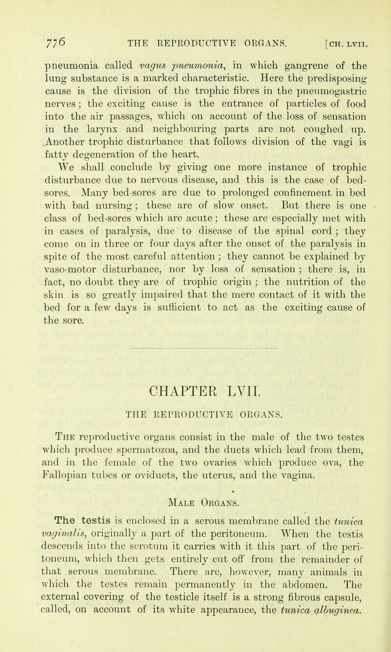 pneumonia called vagus pneumonia, in which gangrene of the lung substance is a marked characteristic. Here the predisposing cause is the division of the trophic fibres in the pneumogastric nerves; the exciting cause is the entrance of particles of food into the air passages, which on account of the loss of sensation in the larynx and neighbouring parts are not coughed up. Another trophic disturbance that follows division of the vagi is fatty degeneration of the heart. We shall conclude by giving one more instance of trophic disturbance due to nervous disease, and this is the case of bed- sores. Many bed-sores are due to prolonged confinement in bed with bad nursing; these are of slow onset. But there is one class of bed-sores which are acute; these are especially met with in cases of paralysis, due to disease of the spinal cord ; they come on in three or four days after the onset of the paralysis in spite of the most careful attention; they cannot be explained by vaso-motor disturbance, nor by loss of sensation; there is, in fact, no doubt they are of trophic origin • the nutrition of the skin is so greatly impaired that the mere contact of it with the bed for a few days is sufficient to act as the exciting cause of the sore. CHAPTER LVII. THE REPRODUCTIVE ORGANS. The reproductive organs consist in the male of the two testes which produce spermatozoa, and the ducts which lead from them, and in the female of the two ovaries which produce ova, the Fallopian tubes or oviducts, the uterus, and the vagina. Male Organs. The testis is enclosed in a serous membrane called the tunica vaginalis, originally a part of the peritoneum. When the testis descends into the scrotum it carries with it this part of the peri- toneum, which then gets entirely cut off from the remainder of that serous membrane. There are, however, many animals in which the testes remain permanently in the abdomen. The external covering of the testicle itself is a strong fibrous capsule, called, on account of its white appearance, the tunica albuginea.
