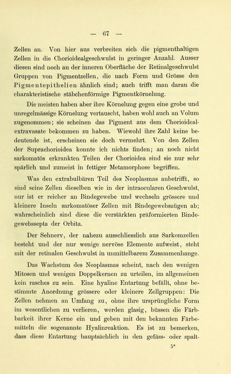 Zellen an. Von hier aus verbreiten sich die pigmenthaltigen Zellen in die Chorioidealgeschwulst in geringer Anzahl. Ausser diesen sind noch an der inneren Oberfläche der Retinalgeschwulst Gruppen von Pigmentzellen, die nach Form und Grösse den Pigmentepithelien ähnlich sind; auch trifft man daran die charakteristische stäbchenförmige Pigmentkörnelung. Die meisten haben aber ihre Körnelung gegen eine grobe und unregelmässige Körnelung vertauscht, haben wohl auch an Volum zugenommen; sie scheinen das Pigment aus dem Chorioideal- extravasate bekommen zu haben. Wiewohl ihre Zahl keine be- deutende ist, erscheinen sie doch vermehrt. Von den Zellen der Suprachorioidea konnte ich nichts finden; an noch nicht sarkomatös erkrankten Teilen der Chorioidea sind sie nur sehr spärlich und zumeist in fettiger Metamorphose begriffen. Was den extrabulbären Teil des Neoplasmas anbetrifft, so sind seine Zellen dieselben wie in der intraocularen Geschwulst, nur ist er reicher an Bindegewebe und wechseln grössere und kleinere Inseln sarkomatöser Zellen mit Bindegewebszügen ab; wahrscheinlich sind diese die verstärkten präformierten Binde- gewebssepta der Orbita. Der Sehnerv, der nahezu ausschliesslich aus Sarkomzellen besteht und der nur wenige nervöse Elemente aufweist, steht mit der retinalen Geschwulst in unmittelbarem Zusammenhange. Das Wachstum des Neoplasmas scheint, nach den wenigen Mitosen und wenigen Doppelkernen zu urteilen, im allgemeinen kein rasches zu sein. Eine hyahne Entartung befällt, ohne be- stimmte Anordnung grössere oder kleinere Zellgruppen: Die Zellen nehmen an Umfang zu, ohne ihre ursprüngliche Form im wesentlichen zu verlieren, werden glasig, büssen die Färb- barkeit ihrer Kerne ein und geben mit den bekannten Färbe- mitteln die sogenannte Hyalinreaktion. Es ist zu bemerken, dass diese Entartung hauptsächlich in den gefäss- oder spalt- 5*