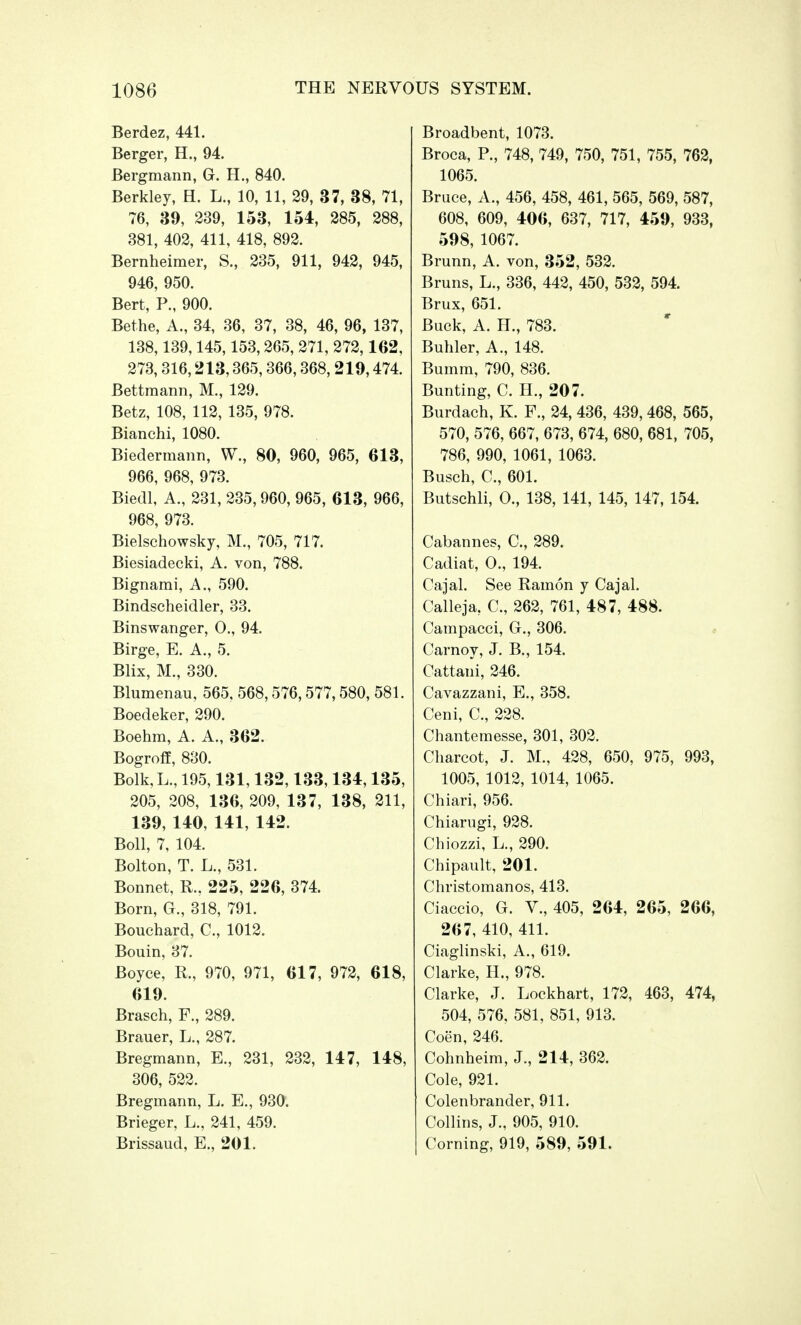 Berdez, 441. Berger, H., 94. Bergmann, G. H., 840. Berkley, H L., 10, 11, 29, 37, 38, 71, 76, 39, 239, 153, 154, 285, 288, 381, 402, 411, 418, 892. Bernheimer, S., 235, 911, 942, 945, 946, 950. Bert, P., 900. Bethe, A., 34, 36, 37, 38, 46, 96, 137, 138,139,145,153,265, 271, 272,162, 273,316,213,365,366,368, 219,474. Bettraann, M., 129. Betz, 108, 112, 135, 978. Bianchi, 1080. Biedermann, W., 80, 960, 965, 613, 966, 968, 973. Biedl, A., 231, 235, 960, 965, 613, 966, 968, 973. Bielschowsky, M., 705, 717. Biesiadecki, A. von, 788. Bignami, A., 590. Bindscheidler, 33. Binswanger, 0., 94. Birge, E. A., 5. Blix, M., 330. Blumenau, 565, 568,576,577,580, 581. Boedeker, 290. Boehm, A. A., 362. Bogroff, 830. Bolk, L., 195,131,132,133,134,135, 205, 208, 136, 209, 137, 138, 211, 139, 140, 141, 142. Boll, 7, 104. Bolton, T. L., 531. Bonnet, R., 225, 226, 374. Born, G., 318, 791. Bouchard, C, 1012. Bouin, 37. Boyce, R., 970, 971, 617, 972, 618, 619. Brasch, F., 289. Brauer, L., 287. Bregmann, E., 231, 232, 147, 148, 306, 522. Bregmann, L. E., 930. Brieger, L., 241, 459. Brissaud, E., 201. Broadbent, 1073. Broca, P., 748, 749, 750, 751, 755, 762, 1065. Bruce, A., 456, 458, 461, 565, 569, 587, 608, 609, 406, 637, 717, 459, 933, 598, 1067. Brunn, A. von, 352, 532. Bruns, L., 336, 442, 450, 532, 594. Brux, 651. Buck, A. H., 783. Buhler, A., 148. Bumm, 790, 836. Bunting, C. H., 207. Burdach, K. P., 24, 436, 439,468, 565, 570, 576, 667, 673, 674, 680, 681, 705, 786, 990, 1061, 1063. Busch, C, 601. Butschli, O., 138, 141, 145, 147, 154. Cabannes, C, 289. Cadiat, O., 194. Cajal. See Ramon y Cajal. Calleja, C, 262, 761, 487, 488. Campacci, G., 306. Carnoy, J. B., 154. Cattani, 246. Cavazzani, E., 358. Ceni, C, 228. Chantemesse, 301, 302. Charcot, J. M., 428, 650, 975, 993, 1005, 1012, 1014, 1065. Chiari, 956. Chiarugi, 928. Chiozzi, L., 290. Chipault, 201. Christomanos, 413. Ciaccio, G. V., 405, 264, 265, 266, 267, 410, 411. Ciaglinski, A., 619. Clarke, H., 978. Clarke, J. Lockhart, 172, 463, 474, 504, 576, 581, 851, 913. Coen, 246. Cohnheim, J., 214, 362. Cole, 921. Colenbrander, 911. Collins, J., 905, 910. Corning, 919, 589, 591.