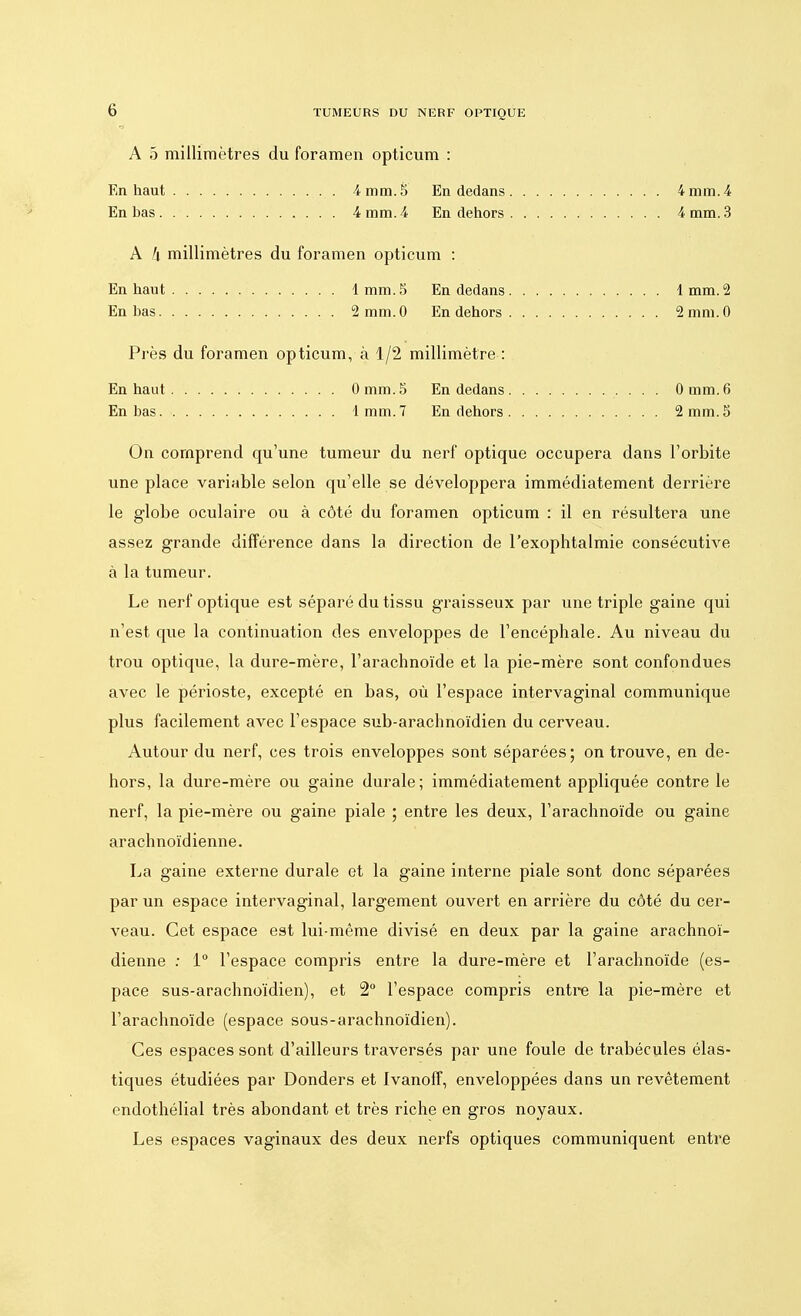 A 5 millimètres du foramen opticum : En haut 4 mm. 5 En dedans 4 mm. 4 En bas 4 mm. 4 En dehors 4 mm. 3 A h millimètres du foramen opticum : En haut 1mm. 5 En dedans 1mm. 2 En bas 2 mm. 0 En dehors 2 mm. 0 Près du foramen opticum, à 1/2 millimètre : En haut Omm. 5 En dedans ■ • • • 0 mm. 6 En bas 1 mm. 7 En dehors 2 mm. 5 On comprend qu'une tumeur du nerf optique occupera dans l'orbite une place variable selon qu'elle se développera immédiatement derrière le globe oculaire ou à côté du foramen opticum : il en résultera une assez grande différence dans la direction de l'exophtalmie consécutive à la tumeur. Le nerf optique est séparé du tissu graisseux par une triple gaine qui n'est que la continuation des enveloppes de l'encéphale. Au niveau du trou optique, la dure-mère, l'arachnoïde et la pie-mère sont confondues avec le périoste, excepté en bas, où l'espace intervaginal communique plus facilement avec l'espace sub-arachnoïdien du cerveau. Autour du nerf, ces trois enveloppes sont séparées; on trouve, en de- hors, la dure-mère ou gaine durale; immédiatement appliquée contre le nerf, la pie-mère ou gaine piale ; entre les deux, l'arachnoïde ou gaine arachnoïdienne. La gaine externe durale et la gaine interne piale sont donc séparées par un espace intervaginal, largement ouvert en arrière du côté du cer- veau. Cet espace est lui-même divisé en deux par la gaine arachnoï- dienne : 1° l'espace compris entre la dure-mère et l'arachnoïde (es- pace sus-arachnoïdien), et 2° l'espace compris entre la pie-mère et l'arachnoïde (espace sous-arachnoïdien). Ces espaces sont d'ailleurs traversés par une foule de trabécules élas- tiques étudiées par Donders et Ivanoff, enveloppées dans un revêtement endothélial très abondant et très riche en gros noyaux. Les espaces vaginaux des deux nerfs optiques communiquent entre