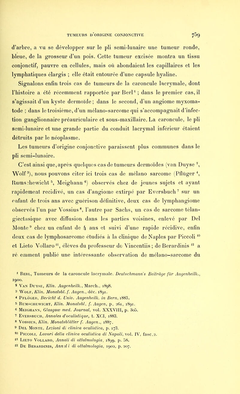 d'arbre, a vu se développer sur le pli semi-luuaire une tumeur ronde, bleue, de la grosseur d'un pois. Cette tumeur excisée montra un tissu conjonctif, pauvre en cellules, mais où abondaient les capillaires et les lymphatiques élargis ; elle était entourée d'une capsule hyaline. Signalons enfin trois cas de tumeurs de la caroncule lacrymale, dont l'histoire a été récemment rapportée par Berl1 ; dans le premier cas, il s'agissait d'un kyste dermoïde ; dans le second, d'un angiome myxoma- tode ; dans le troisième, d'un mélano-sarcome qui s'accompagnait d'infec- tion ganglionnaire préauriculaire et sous-maxillaire. La caroncule, le pli semi-lunaire et une grande partie du conduit lacrymal inférieur étaient détruits par le néoplasme. Les tumeurs d'origine conjonctive paraissent plus communes dans le pli semi-lunaire. C'est ainsi que, après quelques cas de tumeurs dermoïdes (van Duyse 2, Wolf3), nous pouvons citer ici trois cas de mélano sarcome (Pflùger 4, Ilums^hewicht5, Meighann 6) observés chez de jeunes sujets et ayant rapidement récidivé, un cas d'angiome extirpé par Eversbuch7 sur un enfant de trois ans avec guérison définitive, deux cas de lymphangiome observés l'un par Vossius8, l'autre par Sachs, un cas de sarcome télan- giectasique avec diffusion dans les parties voisines, enlevé par Del Monte9 chez un enfant de h ans et suivi d'une rapide récidive, enfin deux cas de lymphosareome étudiés à la clinique de Naples par Piccoli10 et Lieto Vollaro11, élèves du professeur de Vincentiis ; de Berardinis 12 a ré. emment publié une intéressante observation de mélano-sarcome du 1 Berl, Tumeurs de la caroncule lacrymale. Deulschmann's Beitrage fur Augenheilk., 1900. 2 Van Duyse, Klin. Augenheilk., Mardi., 1898. 3 Wolf, Klin. Monatsbl. f. Augen., déc. 1891. * Pflùgeh, Berichl d. Uniu. Augenheilk. in Bern, i883. 5 Rumschewicht, Klin. Monalsbl. f. Augen, p. 261, 1891. 6 Meighann, Glasgow med. Journal, vol. XXXVIII, p. 3oô. 7 Eversbuch, Annales d'oculistique, t. XCI, i883. 8 Vossius, Klin. MonalsbUiller f. Augen., 1887. 9 Del Monte, Lezioni di clinica oculistica, p. 173. 10 Piccoli, Lavori délia clinica oculislica di Napoli, vol. IV, fasc.2. 11 Lieto Vollaro, Annali di otlalmologia, 1899, p. 58. 12 De Berardinis, Ann:di di ollalmologia, 1902, p. 207.