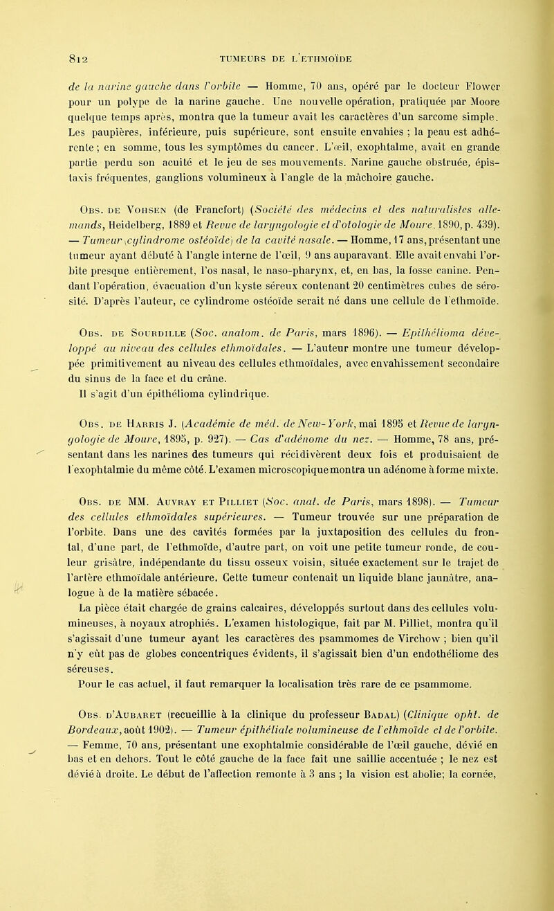 de la narine gauche dans Vorbile — Homme, 70 ans, opéré par le docteur Flowér pour un polype de la narine gauche. Une nouvelle opération, pratiquée par Moore quelque temps après, montra que la tumeur avait les caractères d'un sarcome simple. Les paupières, inférieure, puis supérieure, sont ensuite envahies ; la peau est adhé- rente ; en somme, tous les symptômes du cancer. L'œil, exophtalme, avait en grande partie perdu son acuité et le jeu de ses mouvements. Narine gauche obstruée, épis- taxis fréquentes, ganglions volumineux à l'angle de la mâchoire gauche. Obs. de Vohsen (de Francfort) (Société des médecins et des naturalistes alle- mands, Heidelberg, 1889 et Revue de laryngologie et d'otologie de Moure, 1890, p. 439). — Tumeur \cylindrome osléoïde) de la cavité nasale. — Homme, 17 ans, présentant une tumeur ayant débuté à l'angle interne de l'œil, 9 ans auparavant. Elle avait envahi l'or- bite presque entièrement, l'os nasal, le naso-pharynx, et, en bas, la fosse canine. Pen- dant l'opération, évacuation d'un kyste séreux contenant 20 centimètres cubes de séro- sité. D'après l'auteur, ce cylindrome ostéoïde serait né dans une cellule de l'ethmoïde. Obs. de Sourdille (Soc. analom. de Paris, mars 1896). — Epilhélioma déve- loppé au niveau des cellules ethmoïdales. — L'auteur montre une tumeur dévelop- pée primitivement au niveau des cellules ethmoïdales, avec envahissement secondaire du sinus de la face et du crâne. Il s'agit d'un épithélioma cylindrique. Obs. de Harris J. (Académie de méd. de New- York, mai 1895 et Revue de laryn- gologie de Moure, 1895, p. 927). — Cas d'adénome du nez. — Homme, 78 ans, pré- sentant dans les narines des tumeurs qui récidivèrent deux fois et produisaient de l'exophtalmie du même côté. L'examen microscopique montra un adénome à forme mixte. Obs. de MM. Auvray et Pilliet (Soc. anal, de Paris, mars 1898). — Tumeur des cellules ethmoïdales supérieures. — Tumeur trouvée sur une préparation de l'orbite. Dans une des cavités formées par la juxtaposition des cellules du fron- tal, d'une part, de l'ethmoïde, d'autre part, on voit une petite tumeur ronde, de cou- leur grisâtre, indépendante du tissu osseux voisin, située exactement sur le trajet de l'artère ethmoïdale antérieure. Cette tumeur contenait un liquide blanc jaunâtre, ana- logue à de la matière sébacée. La pièce était chargée de grains calcaires, développés surtout dans des cellules volu- mineuses, à noyaux atrophiés. L'examen histologique, fait par M. Pilliet, montra qu'il s'agissait d'une tumeur ayant les caractères des psammomes de Virchow ; bien qu'il n'y eût pas de globes concentriques évidents, il s'agissait bien d'un endothéliome des séreuses. Pour le cas actuel, il faut remarquer la localisation très rare de ce psammome. Obs. d'Aubaret (recueillie à la clinique du professeur Badal) (Clinique ophi. de Bordeaux, août 1902). — Tumeur épithéliale volumineuse de l'ethmoïde et de Vorbile. — Femme, 70 ans, présentant une exophtalmie considérable de l'œil gauche, dévié en bas et en dehors. Tout le côté gauche de la face fait une saillie accentuée ; le nez est dévié à droite. Le début de l'affection remonte à 3 ans ; la vision est abolie; la cornée,