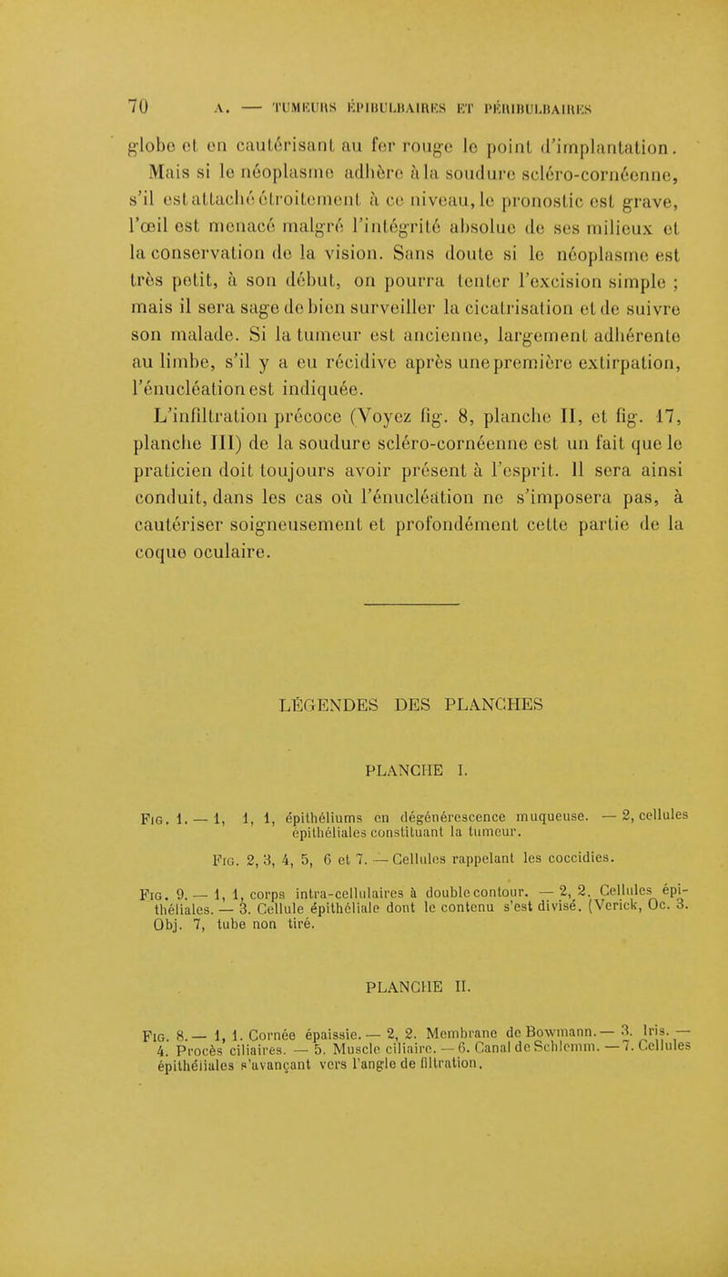 globe et en cautérisanl au fer rouge lo point d'implantation. Mais si lo néoplasme adhère àla soudure scléro-cornéenne, s'il est attaché étroitement à ce niveau, le pronostic est grave, l'œil est menacé malgré l'intégrité absolue de ses milieux el la conservation de la vision. Sans doute si lo néoplasme est très petit, à son début, on pourra tenter l'excision simple ; mais il sera sage de bien surveiller la cicatrisation et de suivre son malade. Si la tumeur est ancienne, largement adhérente au limbe, s'il y a eu récidive après une première extirpation, l'énucléation est indiquée. L'infiltration précoce (Voyez fig. 8, planche II, et fig. 17, planche III) de la soudure scléro-cornéenne est un fait que le praticien doit toujours avoir présent à l'esprit. 11 sera ainsi conduit, dans les cas où l'énucléation ne s'imposera pas, à cautériser soigneusement et profondément cette partie de la coque oculaire. LÉGENDES DES PLANCHES PLANCHE I. Fig.1. —1, 1, 1, épilhéliums on dégénérescence muqueuse. — 2, cellules épithéliales constituant la tumeur. Fro. 2, 3, 4, 5, 6 et 7. — Cellules rappelant les coccidies. Fig. 9. — 1, 1, corps intra-cellulaires à double contour. — 2, 2. Cellules épi- théliales. — 3. Cellule épilhéliale dont le contenu s'est divisé. (Venck, Oc. 3. Obj. 7, tube non tiré. PLANCHE II. Fig. 8. — 1, 1. Cornée épaissie. — 2, 2. Membrane dcBowmann.— 3. In?»— 4. Procès ciliaires. — 5. Muscle ciliaire. — 6. Canal de Sclilomm. — /.Cellules épithéliales («'avançant vers l'angle de flltration.