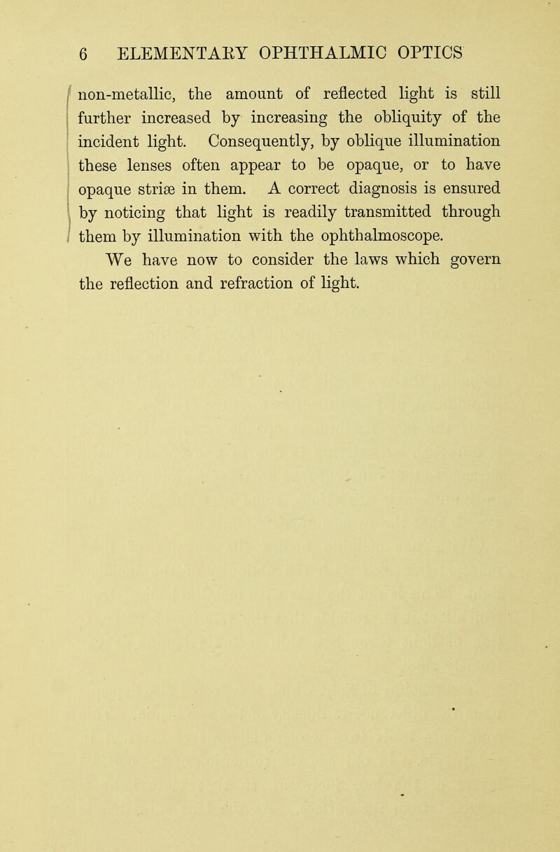 I non-metallic, the amount of reflected light is still ; farther increased by increasing the obliquity of the incident light. Consequently, by oblique illumination these lenses often appear to be opaque, or to have opaque striae in them. A correct diagnosis is ensured I by noticing that light is readily transmitted through I them by illumination with the ophthalmoscope. We have now to consider the laws which govern the reflection and refraction of light.