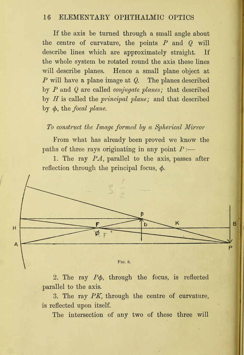 If the axis be turned through a small angle about the centre of curvature, the points P and Q will describe lines which are approximately straight. If the whole system be rotated round the axis these lines will describe planes. Hence a small plane object at P will have a plane image at Q. The planes described by P and Q are called conjugate planes; that described by H is called the principal plane; and that described by (f>, the focal plane. To construct the Image formed by a Spherical Mirror From what has already been proved we know the paths of three rays originating in any point P:— 1. The ray PA, parallel to the axis, passes after reflection through the principal focus, cj). J/ P 2. The ray P</>, through the focus, is reflected parallel to the axis. 3. The ray PK, through the centre of curvature, is reflected upon itself. The intersection of any two of these three will