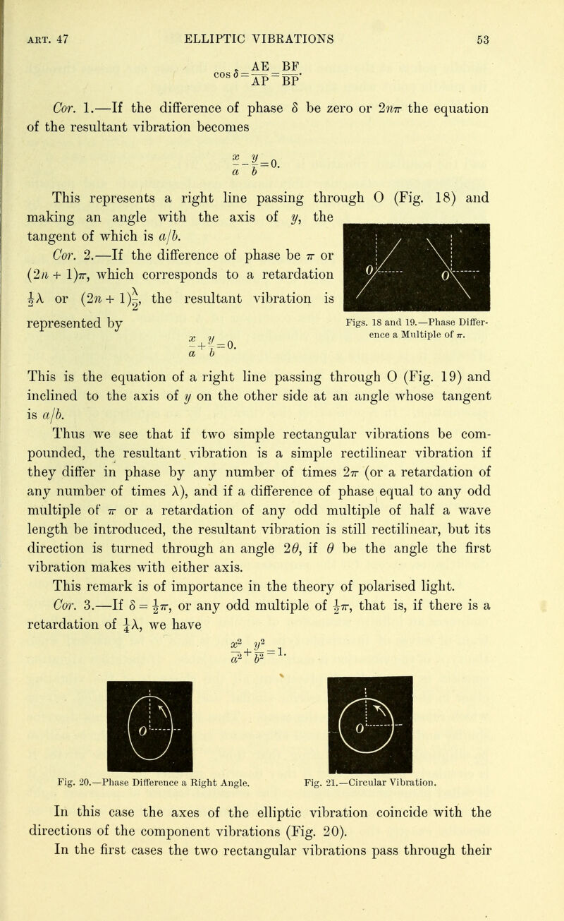 ^°^^ = AP = BP' Cor. 1.—If the difference of phase S be zero or 2n7r the equation of the resultant vibration becomes This represents a right line passing through 0 (Fig. 18) and making an angle with the axis of the tangent of which is ajh. Cor. 2.—If the difference of phase be tt or (2/^ + l)7r, which corresponds to a retardation J A or (2?^+l)^, the resultant vibration is represented by Figs, is and 19.—Phase Differ- ^ „i ence a Multiple of tt. ^ + 1 = 0. a b This is the equation of a right line passing through 0 (Fig. 19) and inclined to the axis of y on the other side at an angle whose tangent is a/b. Thus we see that if two simple rectangular vibrations be com- pounded, the resultant vibration is a simple rectilinear vibration if they differ in phase by any number of times 27r (or a retardation of any number of times A), and if a difference of phase equal to any odd multiple of tt or a retardation of any odd multiple of half a wave length be introduced, the resultant vibration is still rectilinear, but its direction is turned through an angle 2^, if 6 be the angle the first vibration makes with either axis. This remark is of importance in the theory of polarised light. Cor. 3.—If 8 = Jtt, or any odd multiple of Jtt, that is, if there is a retardation of ^A, we have Fig. 20.—Phase Difference a Right Angle. Fig. 21.—Circular Vibration. In this case the axes of the elliptic vibration coincide with the directions of the component vibrations (Fig. 20), In the first cases the two rectangular vibrations pass through their