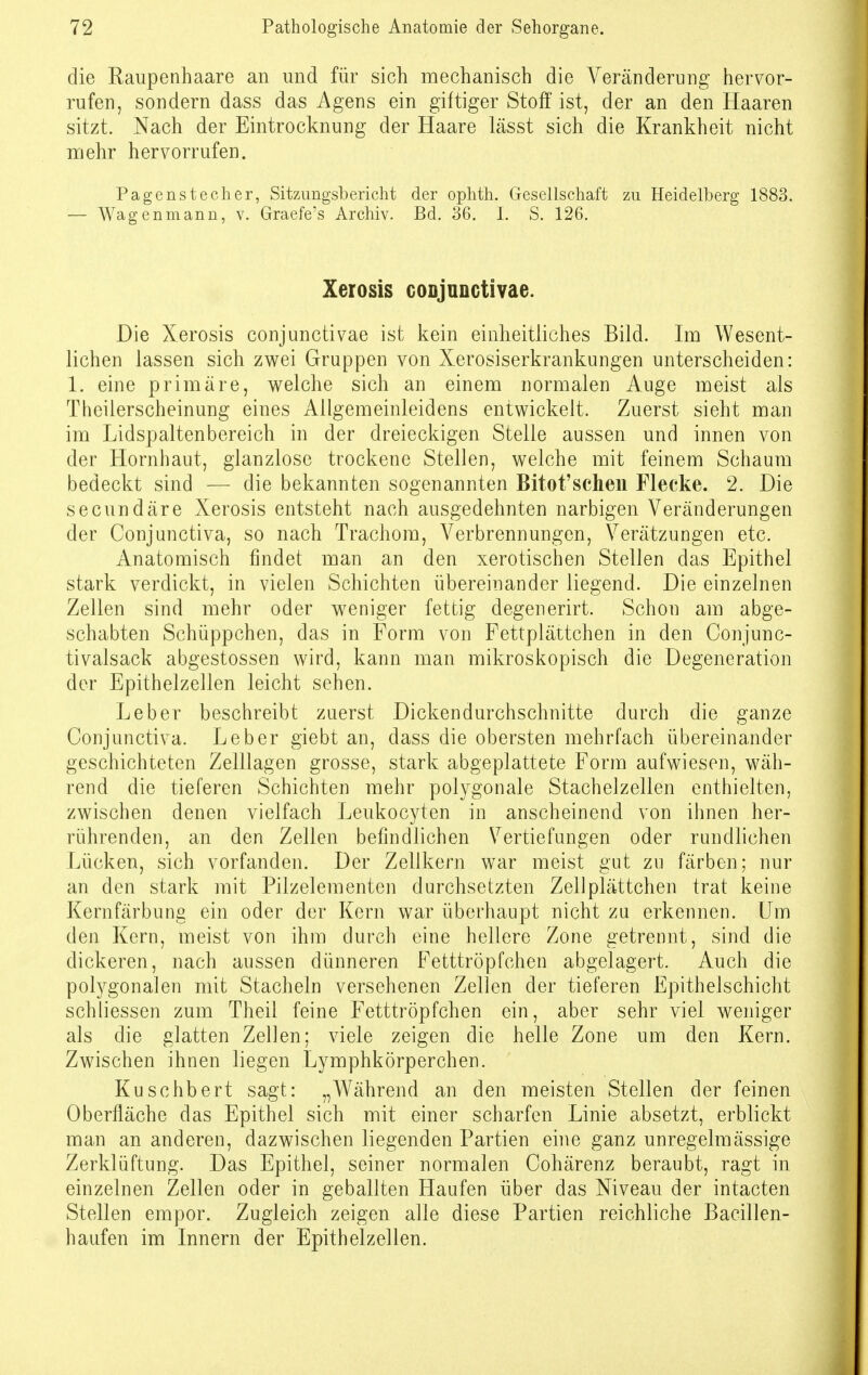 die Raupenhaare an und für sich mechanisch die Veränderung hervor- rufen, sondern dass das Agens ein giftiger Stoff ist, der an den Haaren sitzt. Nach der Eintrocknung der Haare lässt sich die Krankheit nicht mehr hervorrufen. Pagenstecher, Sitzungsbericht der ophth. Gesellschaft zu Heidelberg 1883. — Wagen mann, v. Graefe's Archiv. Bd. 36. I. S. 126. Xerosis conjunctivae. Die Xerosis conjunctivae ist kein einheitliches Bild. Im Wesent- lichen lassen sich zwei Gruppen von Xerosiserkrankungen unterscheiden: 1. eine primäre, welche sich an einem normalen Auge meist als Theilerscheinung eines Allgemeinleidens entwickelt. Zuerst sieht man im Lidspaltenbereich in der dreieckigen Stelle aussen und innen von der Hornhaut, glanzlose trockene Stellen, welche mit feinem Schaum bedeckt sind — die bekannten sogenannten Bitot'schen Flecke. 2. Die secundäre Xerosis entsteht nach ausgedehnten narbigen Veränderungen der Conjunctiva, so nach Trachom, Verbrennungen, Verätzungen etc. Anatomisch findet man an den xerotischen Stellen das Epithel stark verdickt, in vielen Schichten übereinander liegend. Die einzelnen Zellen sind mehr oder weniger fettig degenerirt. Schon am abge- schabten Schüppchen, das in Form von Fettplättchen in den Conjunc- tivalsack abgestossen wird, kann man mikroskopisch die Degeneration der Epithelzellen leicht sehen. Leber beschreibt zuerst Dickendurchschnitte durch die ganze Conjunctiva. Leber giebt an, dass die obersten mehrfach übereinander geschichteten Zelllagen grosse, stark abgeplattete Form aufwiesen, wäh- rend die tieferen Schichten mehr polygonale Stachelzellen enthielten, zwischen denen vielfach Leukocyten in anscheinend von ihnen her- rührenden, an den Zellen befindlichen Vertiefungen oder rundlichen Lücken, sich vorfanden. Der Zellkern war meist gut zu färben; nur an den stark mit Pilzelementen durchsetzten Zellplättchen trat keine Kernfärbung ein oder der Kern war überhaupt nicht zu erkennen. Um den Kern, meist von ihm durch eine hellere Zone getrennt, sind die dickeren, nach aussen dünneren Fetttröpfchen abgelagert. Auch die polygonalen mit Stacheln versehenen Zellen der tieferen Epithelschicht schliessen zum Theil feine Fetttröpfchen ein, aber sehr viel weniger als die glatten Zellen; viele zeigen die helle Zone um den Kern. Zwischen ihnen liegen Lymphkörperchen. Kuschbert sagt: „Während an den meisten Stellen der feinen Oberfläche das Epithel sich mit einer scharfen Linie absetzt, erblickt man an anderen, dazwischen liegenden Partien eine ganz unregelmässige Zerklüftung. Das Epithel, seiner normalen Cohärenz beraubt, ragt in einzelnen Zellen oder in geballten Haufen über das Niveau der intacten Stellen empor. Zugleich zeigen alle diese Partien reichliche Bacillen- haufen im Innern der Epithelzellen.