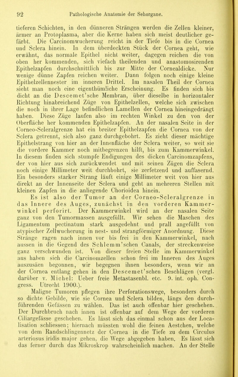 tieferen Schichten, in den dünneren Strängen werden die Zellen kleiner, ärmer an Protoplasma, aber die Kerne haben sich meist deutlicher ge- färbt. Die Carcinomwucherung reicht in der Tiefe bis in die Cornea und Sclera hinein. In dem überdeckten Stück der Cornea geht, wie erwähnt, das normale Epithel nicht weiter, dagegen reichen die von oben her kommenden, sich viefach theilenden und anastomosirenden Epithelzapfen durchschnittlich bis zur Mitte der Cornealdicke. Nur wenige dünne Zapfen reichen weiter. Dann folgen noch einige kleine Epithelzellennester im inneren Drittel. Im nasalen Theil der Cornea sieht man noch eine eigenthümliche Erscheinung. Es finden sich bis dicht an die Descemet'sche Membran, über dieselbe in horizontaler Richtung hinabreichend Züge von Epithelzellen, welche sich zwischen die noch in ihrer Lage befindlichen Lamellen der Cornea hineingedrängt haben. Diese Züge laufen also im rechten Winkel zu den von der Oberfläche her kommenden Epithelzapfen. An der nasalen Seite in der Corneo-Scleralgrenze hat ein breiter Epithelzapfen die Cornea von der Sclera getrennt, sich also ganz durchgebohrt. Es zieht dieser mächtige Epithelstrang von hier an der Innenfläche der Sclera weiter, so weit sie die vordere Kammer noch mitbegrenzen hilft, bis zum Kammerwinkel. In diesem finden sich stumpfe Endigungen des dicken Carcinomzapfens, der von hier aus sich zurückwendet und mit seinen Zügen die Sclera noch einige Millimeter weit durchbohrt, sie zerfetzend und auffasernd. Ein besonders starker Strang läuft einige Millimeter weit von hier aus direkt an der Innenseite der Sclera und geht an mehreren Stellen mit kleinen Zapfen in die anliegende Chorioidea hinein. Es ist also der Tumor an der Corneo-Scleralgrenze in das Innere des Auges, zunächst in den vorderen Kammer- winkel perforirt. Der Kammerwinkel wird an der nasalen Seite ganz von den Tumormassen ausgefüllt. Wir sehen die Maschen des Ligamentum pectinatum stark ausgedehnt und prall angefüllt von atypischer Zellwucherung in nest- und strangförmiger Anordnung. Diese Stränge ragen nach innen vor bis frei in den Kammerwinkel, nach aussen in die Gegend des Schlemm'sehen Canals, der streckenweise ganz verschwunden ist. Von dieser freien Stelle im Kammerwinkel aus haben sich die Carcinomzellen schon frei im Inneren des Auges auszusäen begonnen, wir begegnen ihnen besonders, wenn wir an der Cornea entlang gehen in den Descemet'sehen Beschlägen (vergl. darüber v. Michel: Ueber freie Metastasenbl. etc. 9. int. oph. Con- gress. Utrecht 1900.). Maligne Tumoren pflegen ihre Perforationswege, besonders durch so dichte Gebilde, wie sie Cornea und Sclera bilden, längs den durch- führenden Gefässen zu wählen. Das ist auch offenbar hier geschehen. Der Durchbruch nach innen ist offenbar auf dem Wege der vorderen Ciliargefässe geschehen. Es lässt sich das einmal schon aus der Loca- lisation schliessen; hiernach müssten wohl die feinen Aestchen, welche von dem Randschlingennetz der Cornea in die Tiefe zu dem Circulus arteriosus iridis major gehen, die Wege abgegeben haben. Es lässt sich das ferner durch das Mikroskrop wahrscheinlich machen. An der Stelle