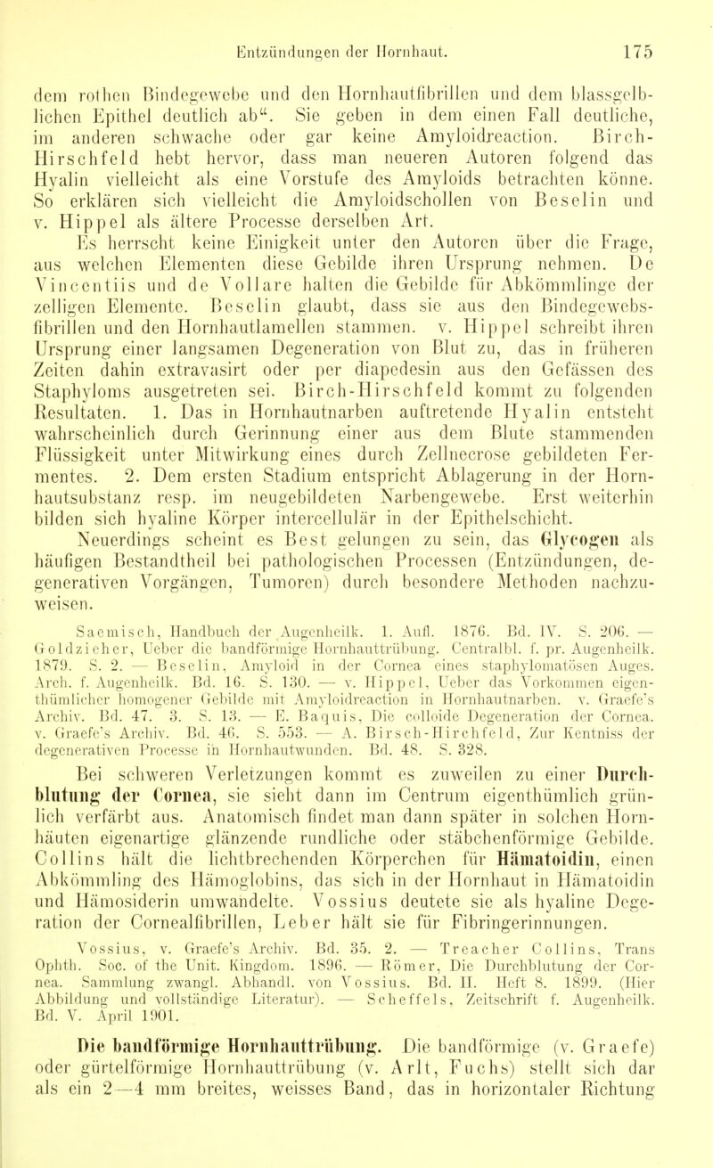 dem rot hon Bindegewebe und den Hornhautfibrillen und dem blassgelb- lichen Epithel deutlich ab. Sie geben in dem einen Fall deutliche, im anderen schwache oder gar keine Amyloidreaction. ßirch- Hirschfeld hebt hervor, dass man neueren Autoren folgend das Hyalin vielleicht als eine Vorstufe des Amyloids betrachten könne. So erklären sich vielleicht die Amyloidschollen von Beselin und v. Hippel als ältere Processe derselben Art. Es herrscht keine Einigkeit unter den Autoren über die Frage, aus welchen Elementen diese Gebilde ihren Ursprung nehmen. De Vincentiis und de A7ollare halten die Gebilde für Abkömmlinge der zelligen Elemente. Beselin glaubt, dass sie aus den Bindegewebs- fibrillen und den Hornhautlamellen stammen, v. Hippel schreibt ihren Ursprung einer langsamen Degeneration von Blut zu, das in früheren Zeiten dahin extravasirt oder per diapedesin aus den Gefässen des Staphyloms ausgetreten sei. Birch-Hirschfeld kommt zu folgenden Resultaten. 1. Das in Hornhautnarben auftretende Hyalin entsteht wahrscheinlich durch Gerinnung einer aus dem Blute stammenden Flüssigkeit unter Mitwirkung eines durch Zellnecrose gebildeten Fer- mentes. 2. Dem ersten Stadium entspricht Ablagerung in der Horn- hautsubstanz resp. im neugebildeten Narbengewebe. Erst weiterhin bilden sich hyaline Körper intercellulär in der Epithelschicht. Neuerdings scheint es Best gelungen zu sein, das Glycogen als häufigen Bestandteil bei pathologischen Processen (Entzündungen, de- generativen Vorgängen, Tumoren) durch besondere Methoden nachzu- weisen. Saemisch, Handbuch der Augenheilk. 1. Aufl. 187G. Bd. IV. S. 206. — Goldzicher, Ueber die bandförmige Hornhauttrübung. Centralbl. f. pr. Augenheilk. 1879. S. 2. — Beselin, Amyloid in der Cornea eines staphylomatösen Auges. Arch. f. Augenheilk. Bd. 16. S. 130. — v. Hippel, Ueber das Vorkommen eigen- thümlichcr homogener Gebilde mit Amyloidreaction in Hornhautnarben. v. Graefe's Archiv. Bd. 47. 3. S. 13. — E. Baquis, Die colloide Degeneration der Cornea, v. Graefe's Archiv. Bd. 4G. S. 553. — A. Birsch-Hirchfeld, Zur Kentniss der degenerativen Processe in Hornhautwunden. Bd. 48. S. 328. Bei schweren Verletzungen kommt es zuweilen zu einer Durch- blutung der Cornea, sie sieht dann im Centrum eigenthiimlich grün- lich verfärbt aus. Anatomisch findet man dann später in solchen Horn- häuten eigenartige glänzende rundliche oder stäbchenförmige Gebilde. Collins hält die lichtbrechenden Körperchen für Hämatoidin, einen Abkömmling des Hämoglobins, das sich in der Hornhaut in Hämatoidin und Hämosiderin umwandelte. Vossius deutete sie als hyaline Dcge- ration der Cornealfibrillen, Leber hält sie für Fibringerinnungen. Vossius, v. Graefe's Archiv. Bd. 35. 2. — Treacher Collins, Trans Ophth. Soc. ot the Unit. Kingdom. 1896. —■ Börner, Die Durchblutung der Cor- nea. Sammlung zwangt. Abhandl. von Vossius. Bd. II. Heft 8. 1899. (Hier Abbildung und vollständige Literatur). — Scheffels, Zeitschrift f. Augenheilk. Bd. V. April 1901. Die bandförmige Hornhauttrübung. Die bandförmige (v. Graefe) oder gürtelförmige Hornhauttrübung (v. Arlt, Fuchs) stellt sich dar als ein 2—4 mm breites, weisses Band, das in horizontaler Richtung